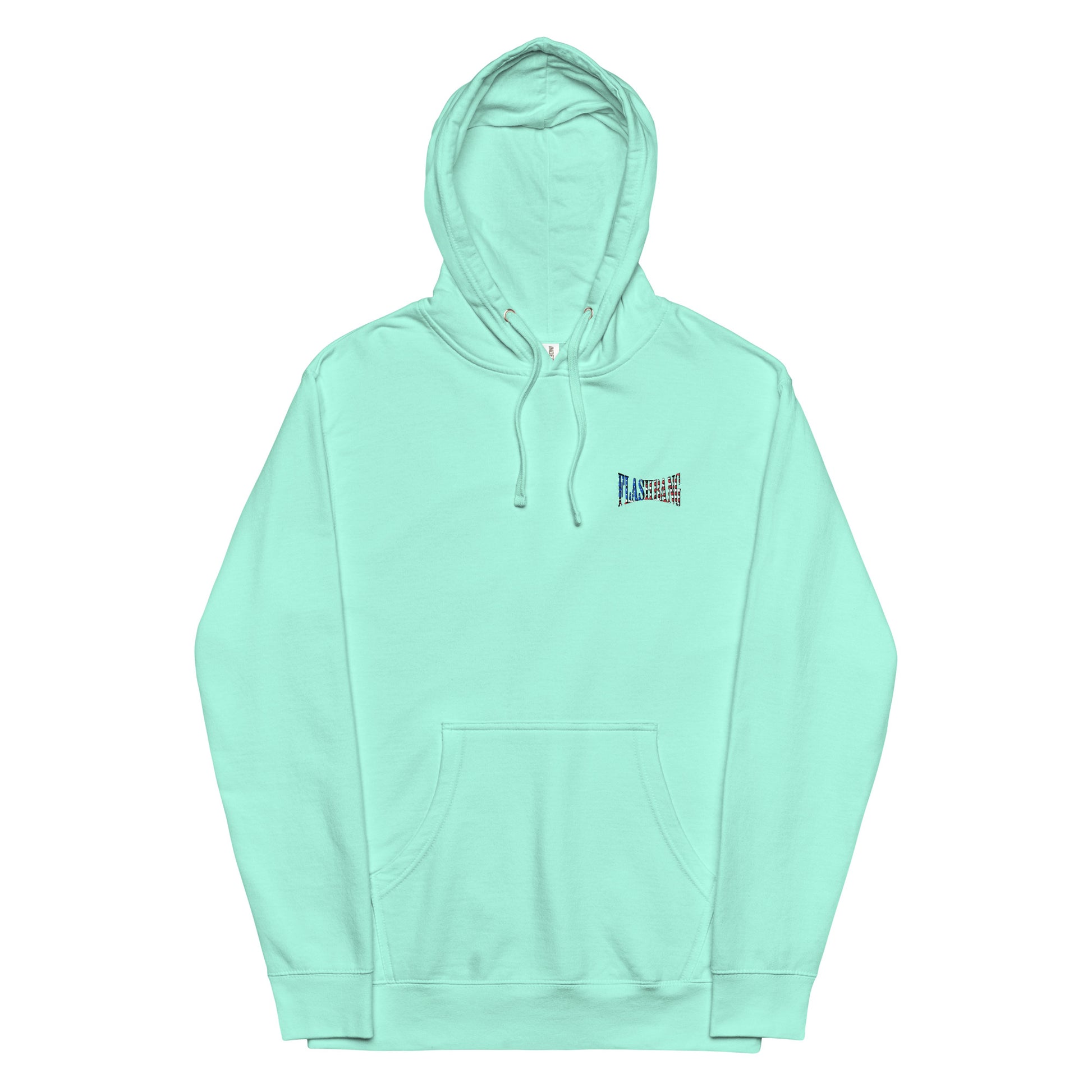 Light blue hoodie with a small logo on a white background
