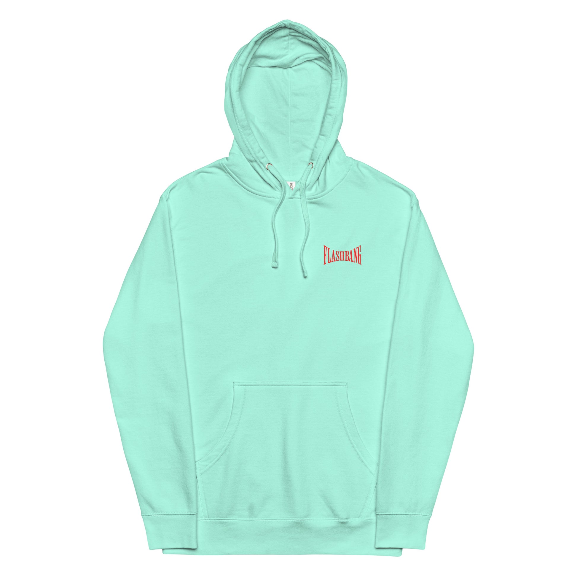 Mint green hoodie with a brand logo on a white background