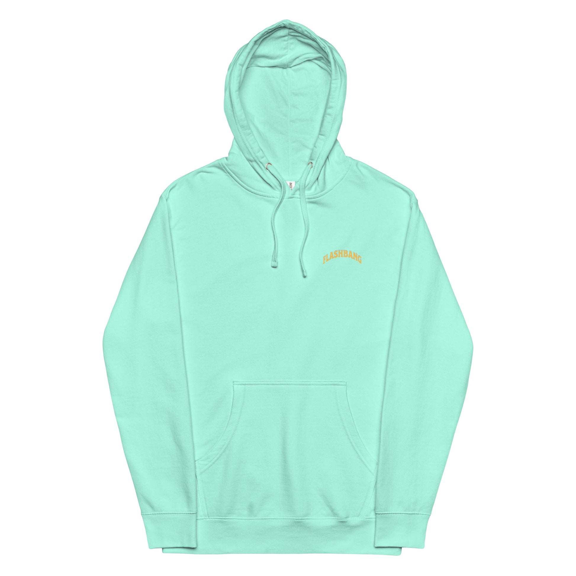 Light blue hoodie with a small logo on the chest against a white background