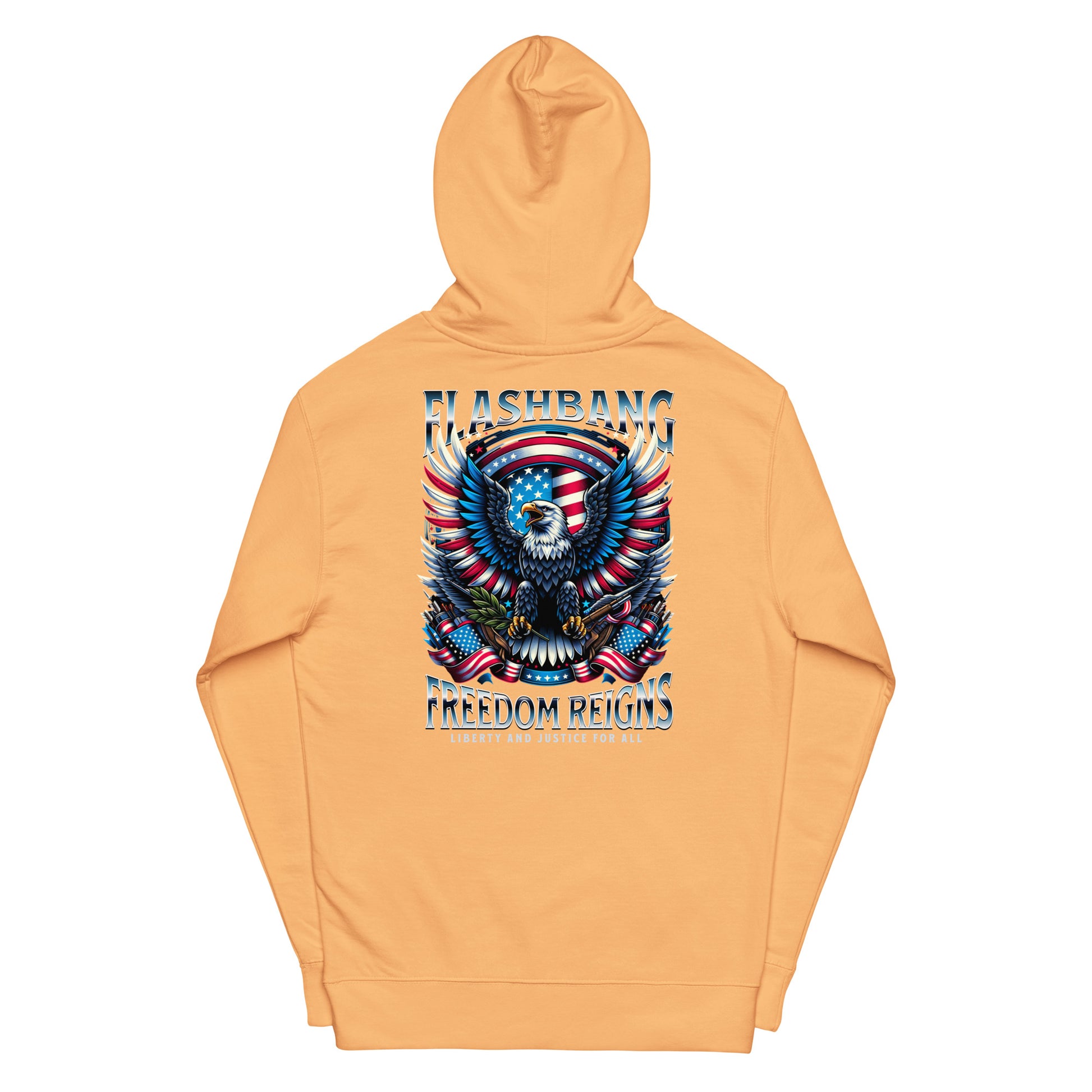 Orange hoodie with a graphic design on the back featuring an eagle and text.