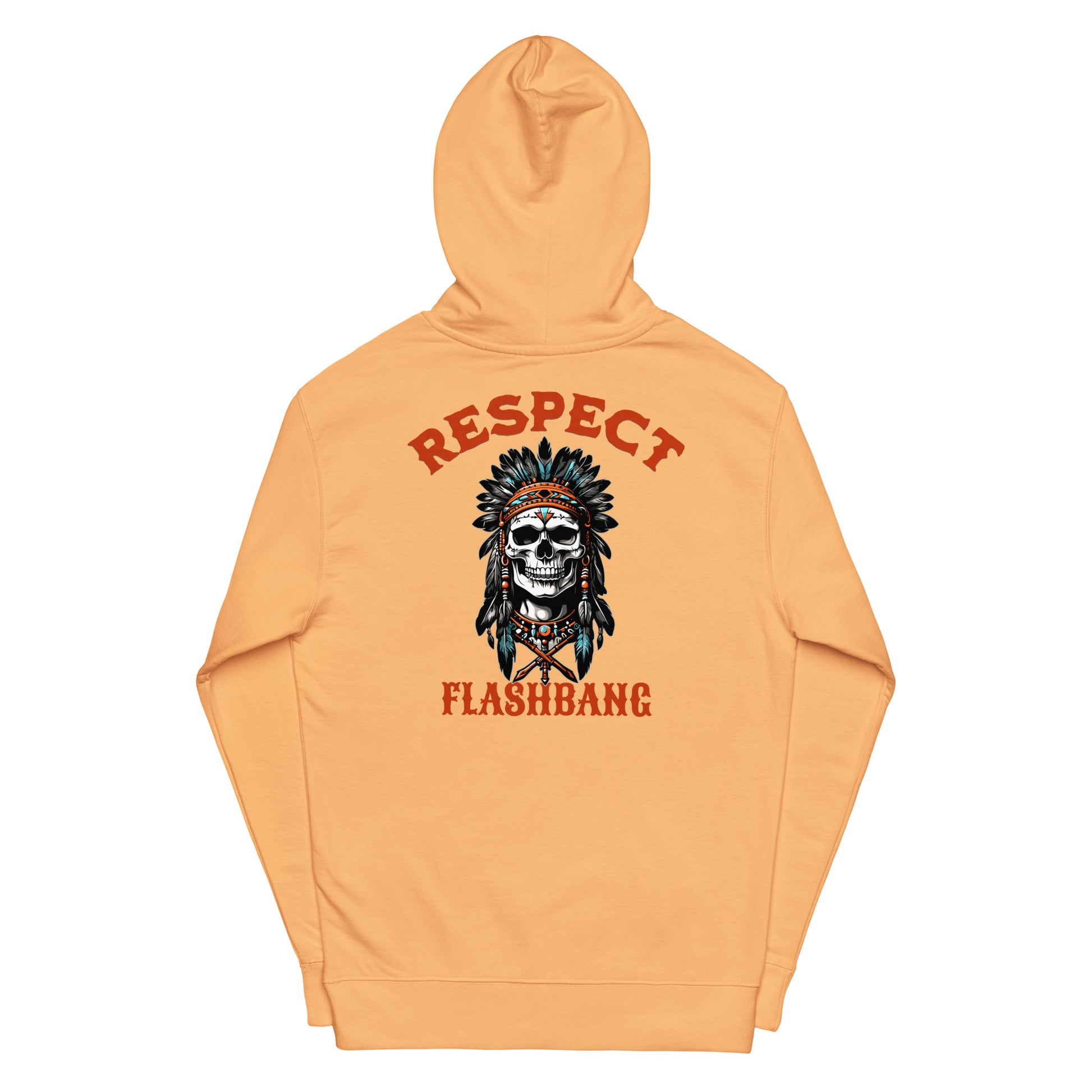 Orange hoodie with skull design and text on a white background