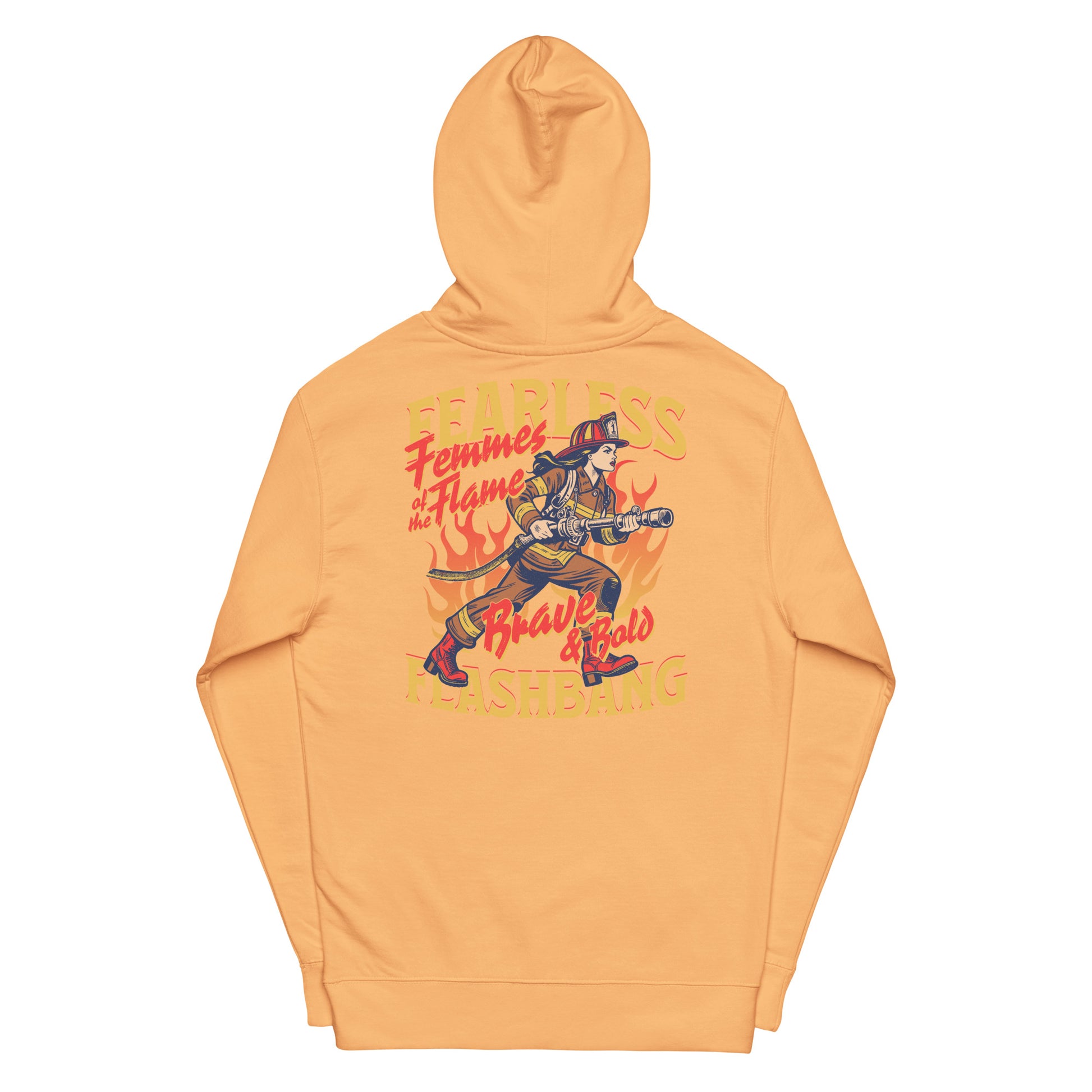 Orange hoodie with graphic design on a white background