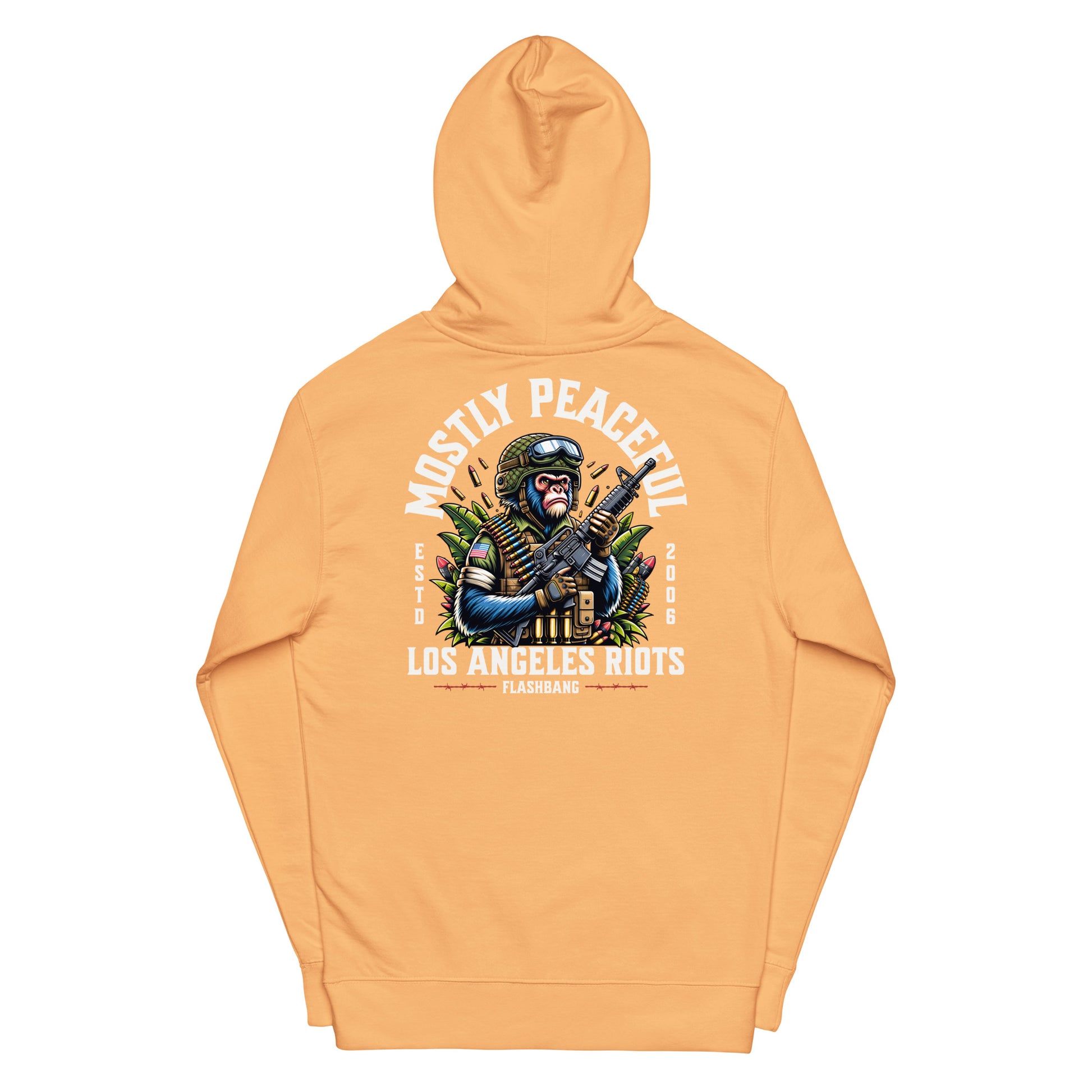 Orange hoodie with graphic design and text on a white background