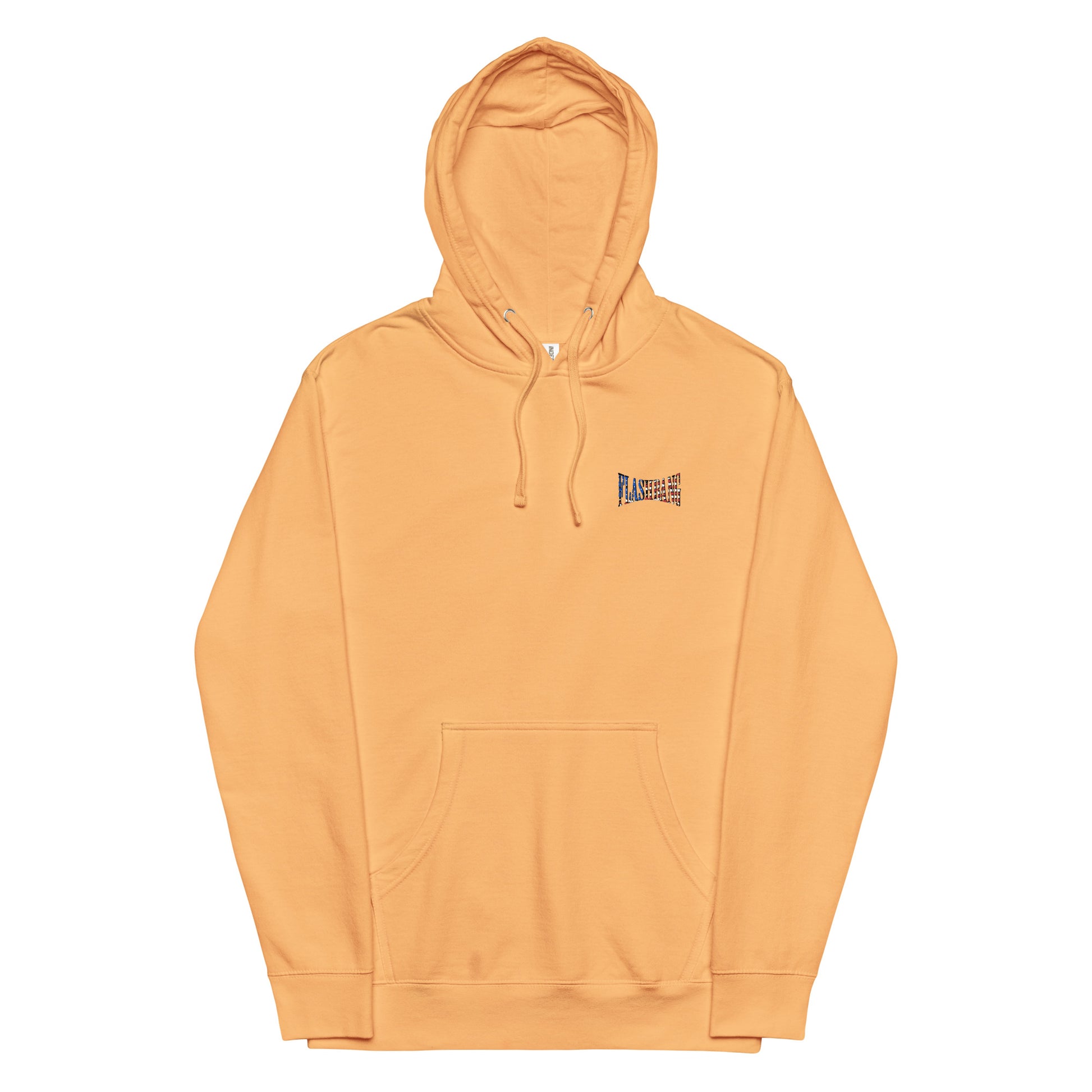 Orange hoodie with a small logo on the chest against a white background