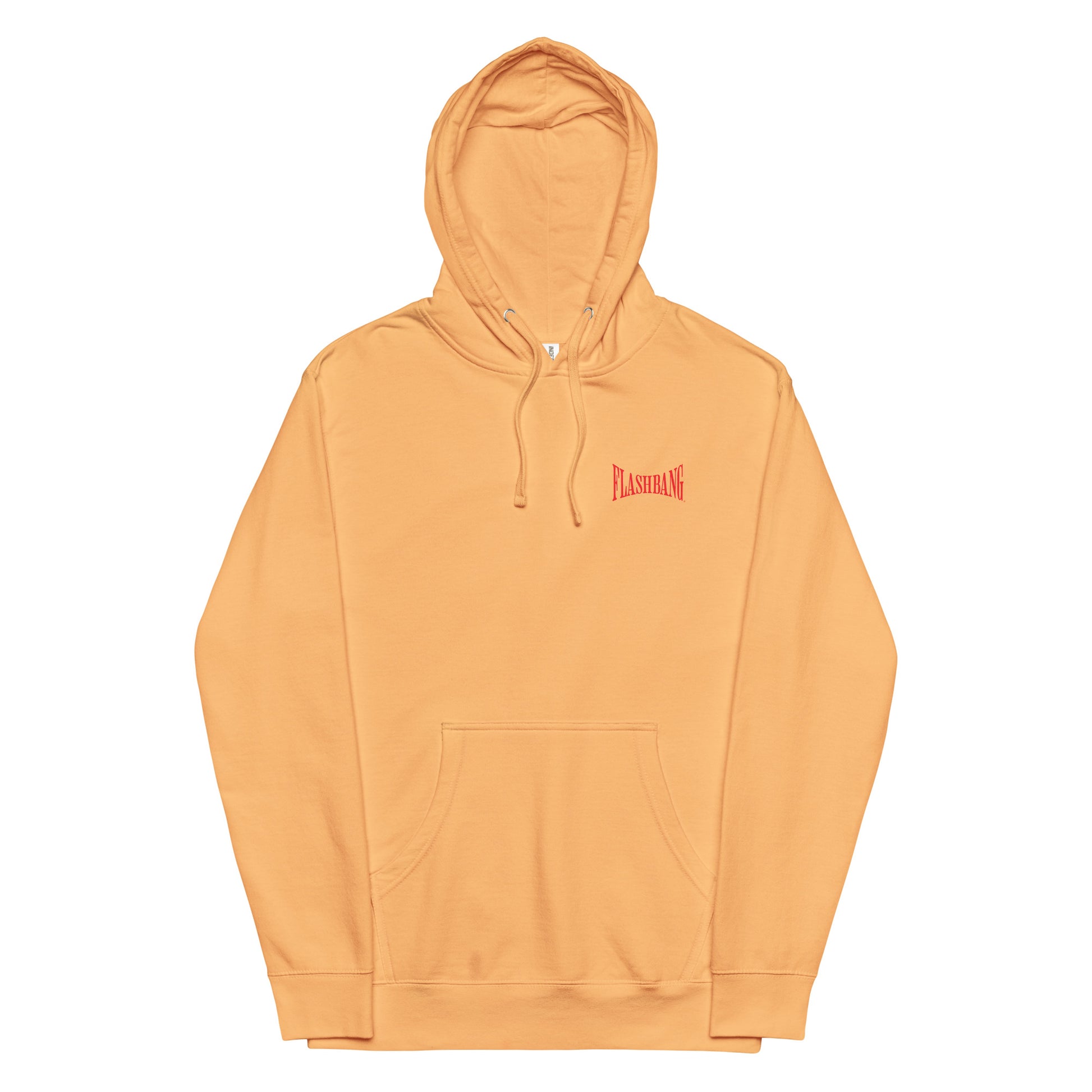 Orange hoodie with a red logo on a white background