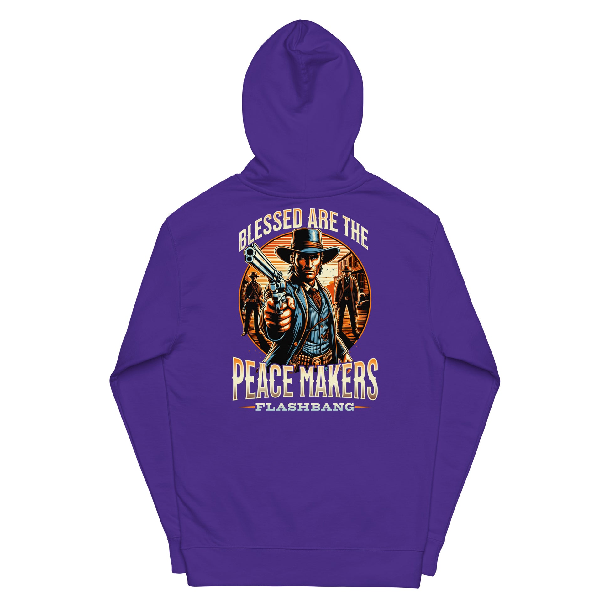 Purple hoodie with a graphic design on the back featuring a cowboy and text.