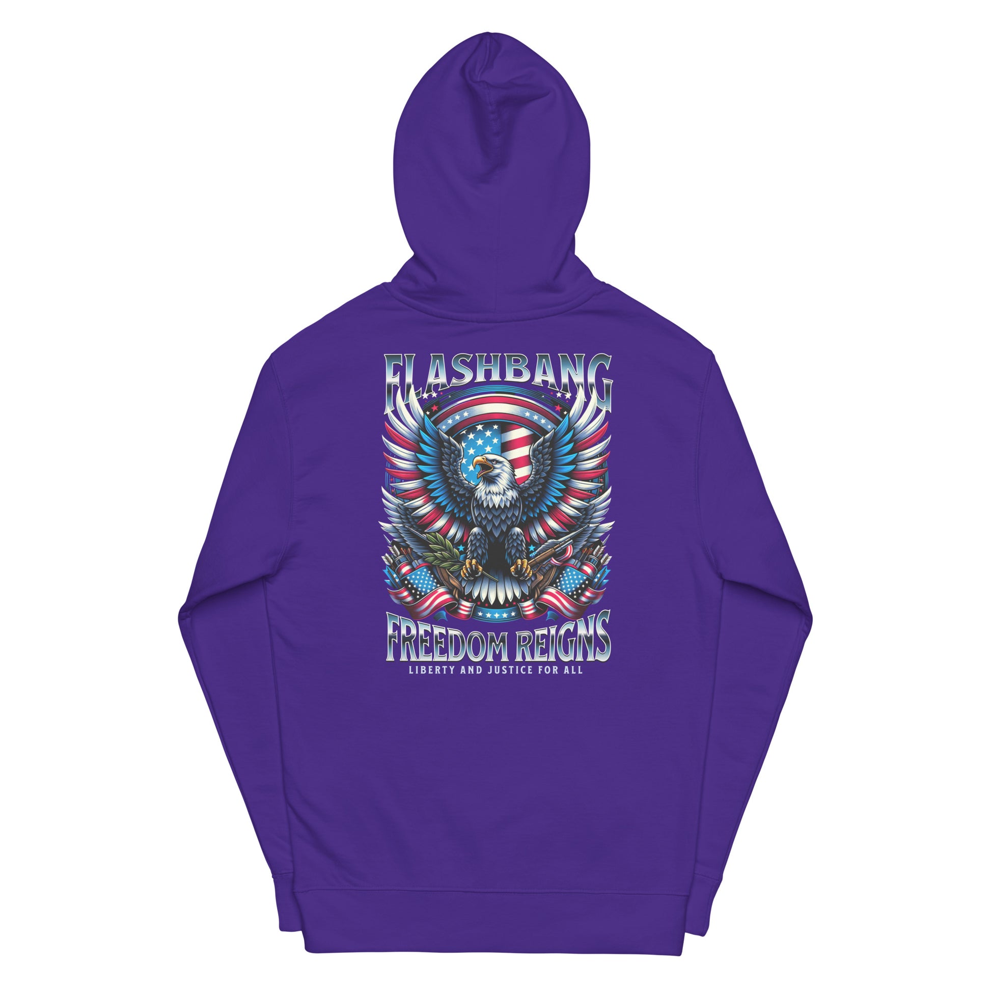 Purple hoodie with a graphic design on the back featuring an eagle and text.