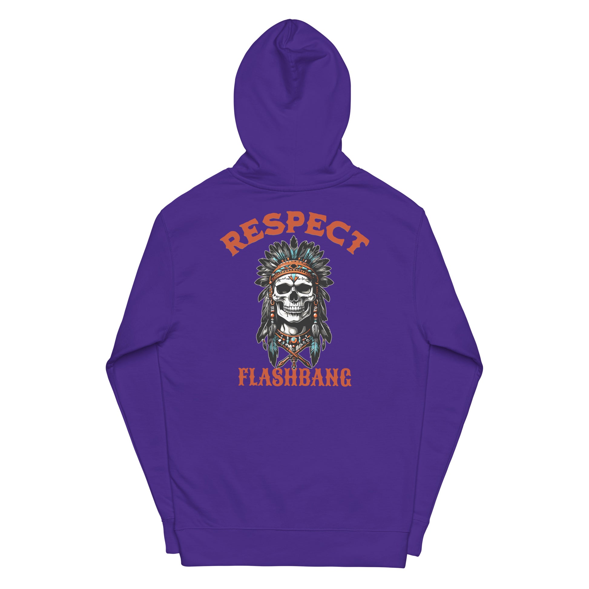 Purple hoodie with a skull design and text on the back against a white background