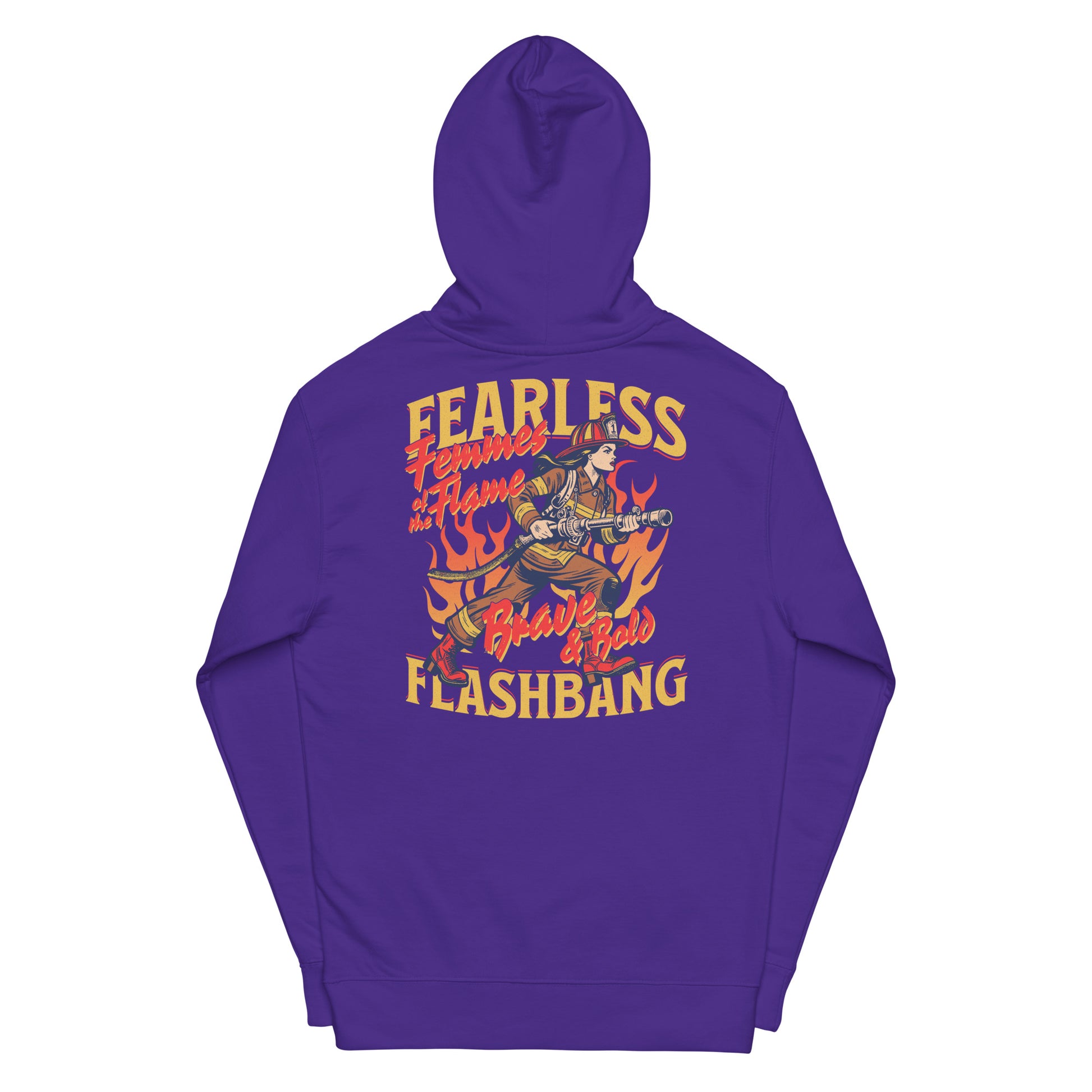 Purple hoodie with graphic design and text on the back against a white background
