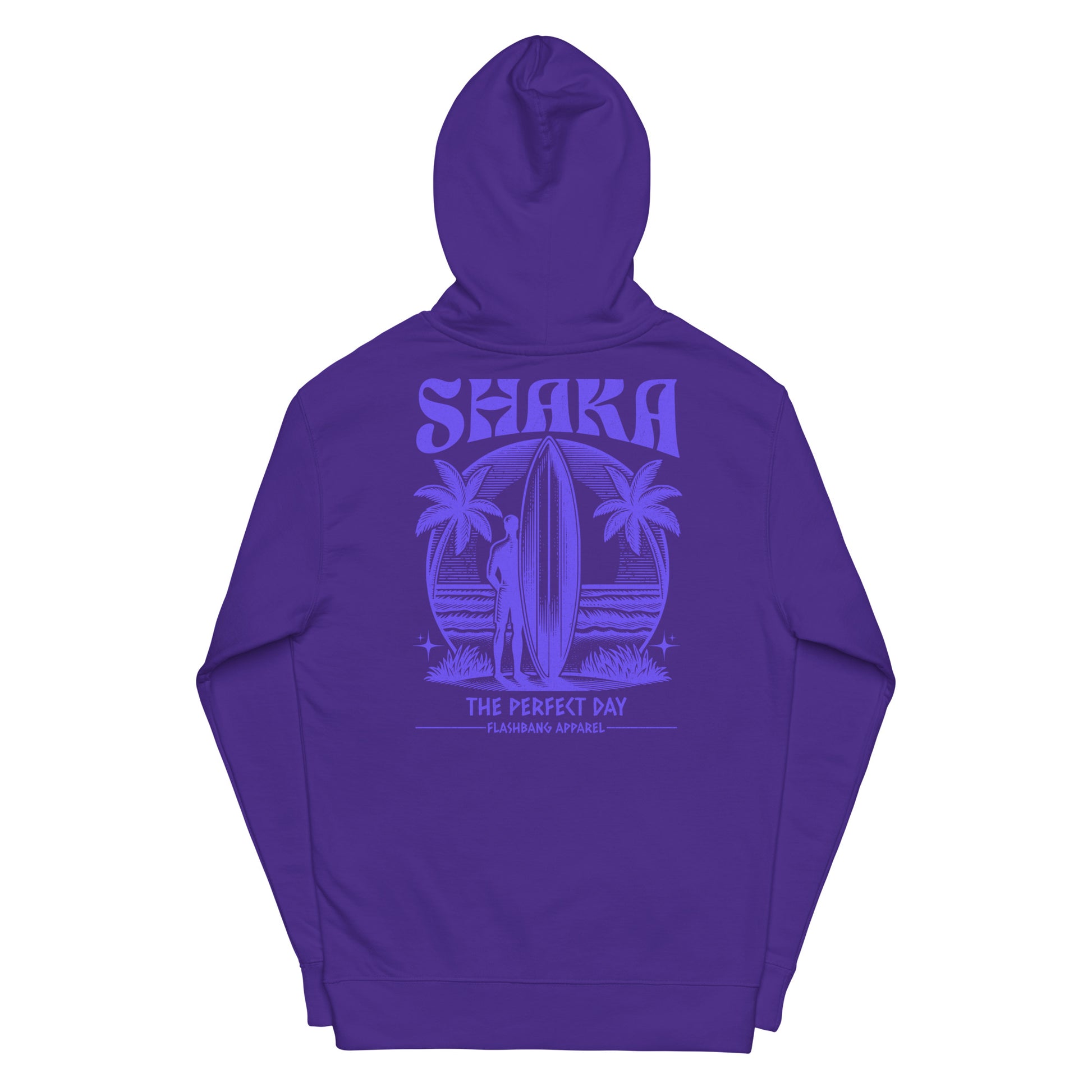 Purple hoodie with 'Shaka The Perfect Day' graphic on a white background