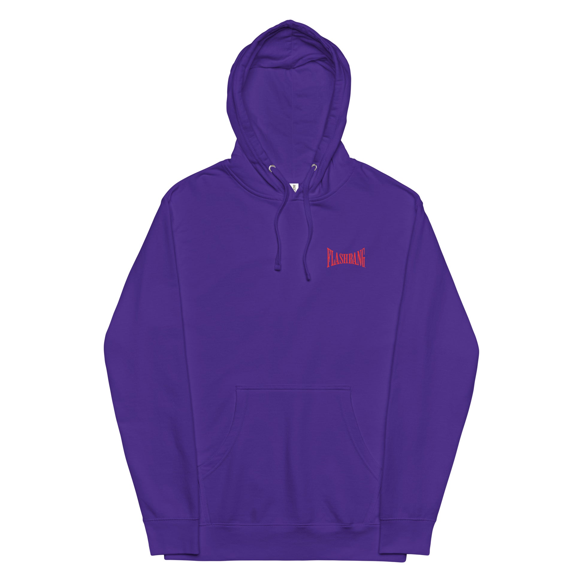 Purple hoodie with red text on a white background