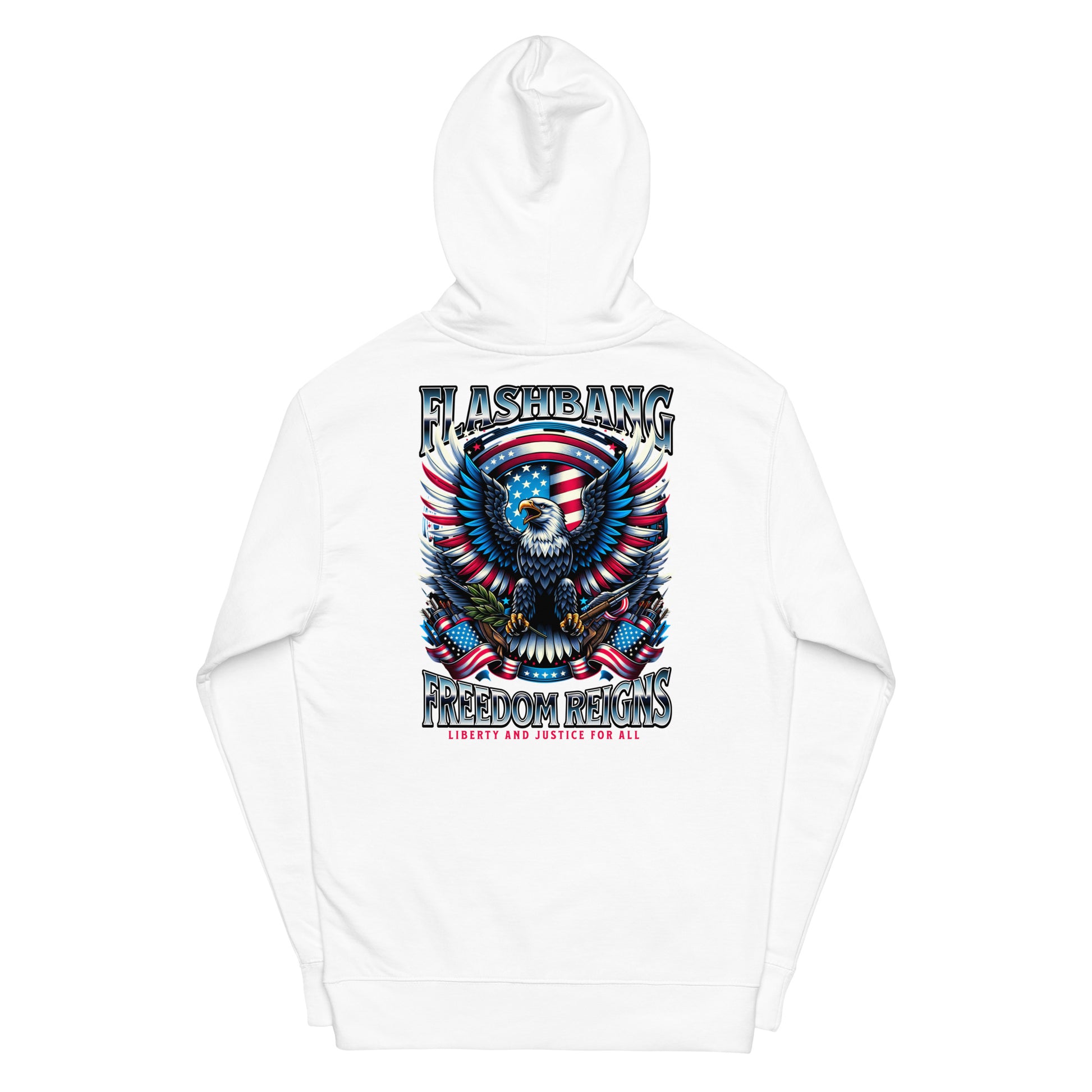 White hoodie with a graphic design featuring an eagle and American flag, with 'Flashbang' text.