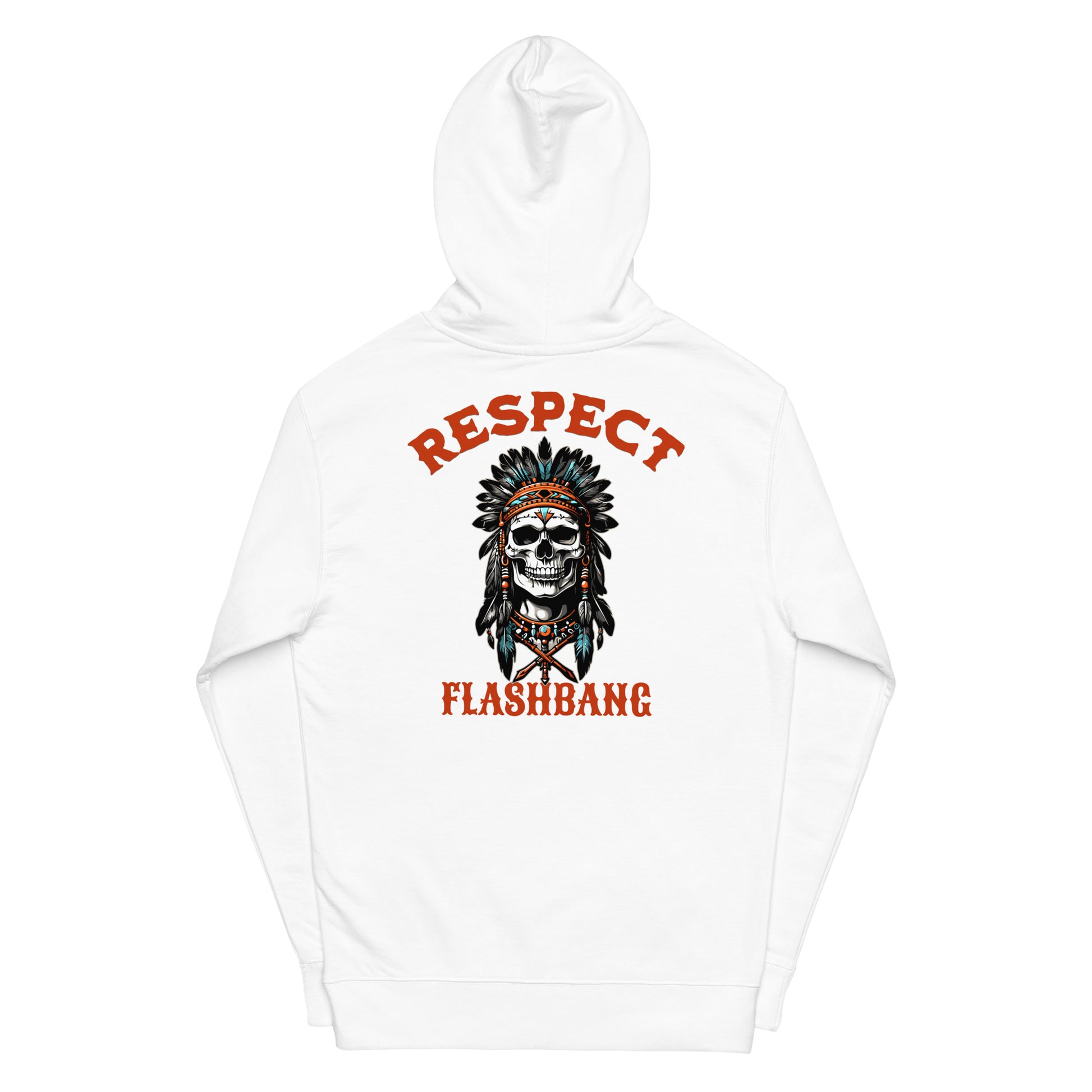 White hoodie with a skull design and text on the back against a white background