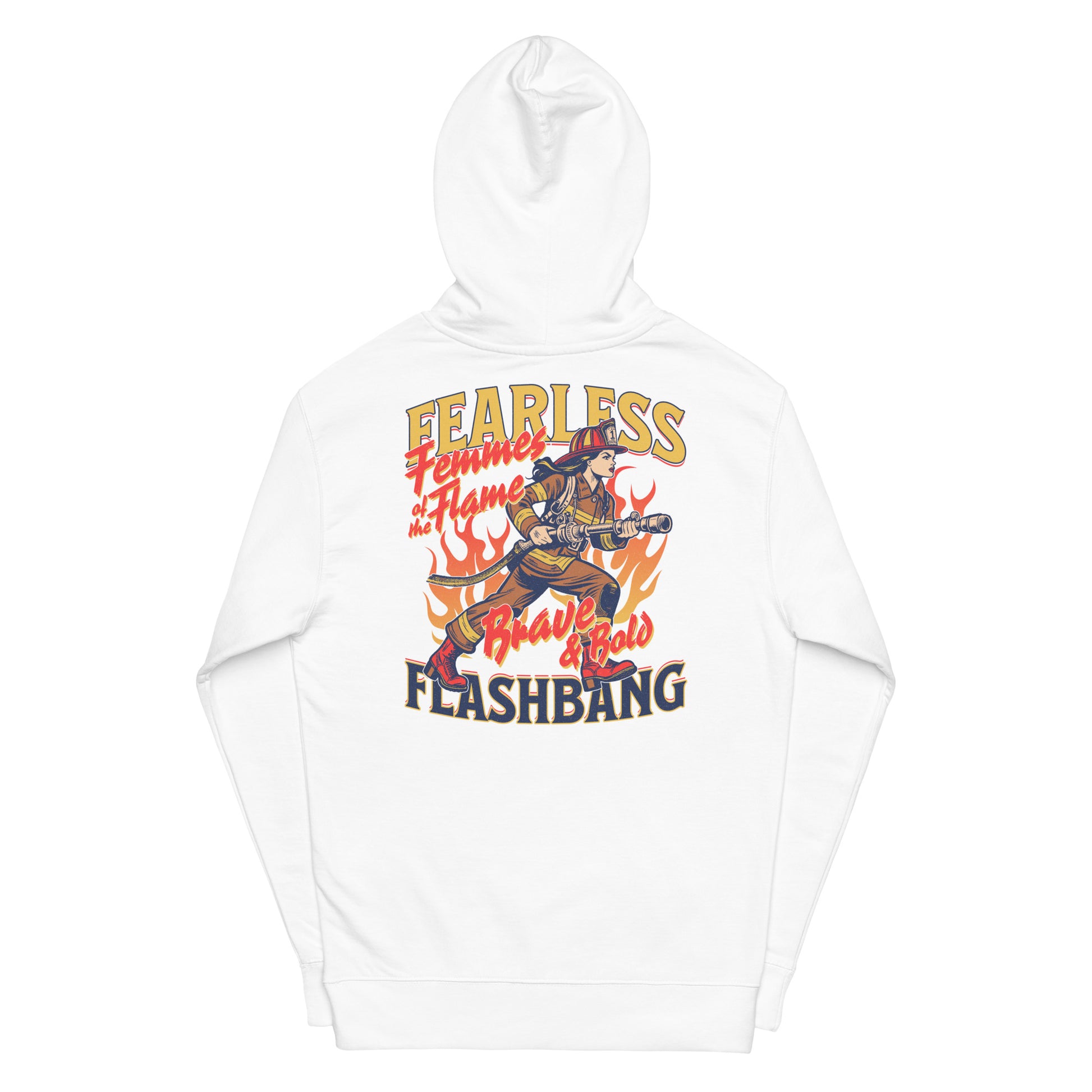 White hoodie with graphic design and text on a white background