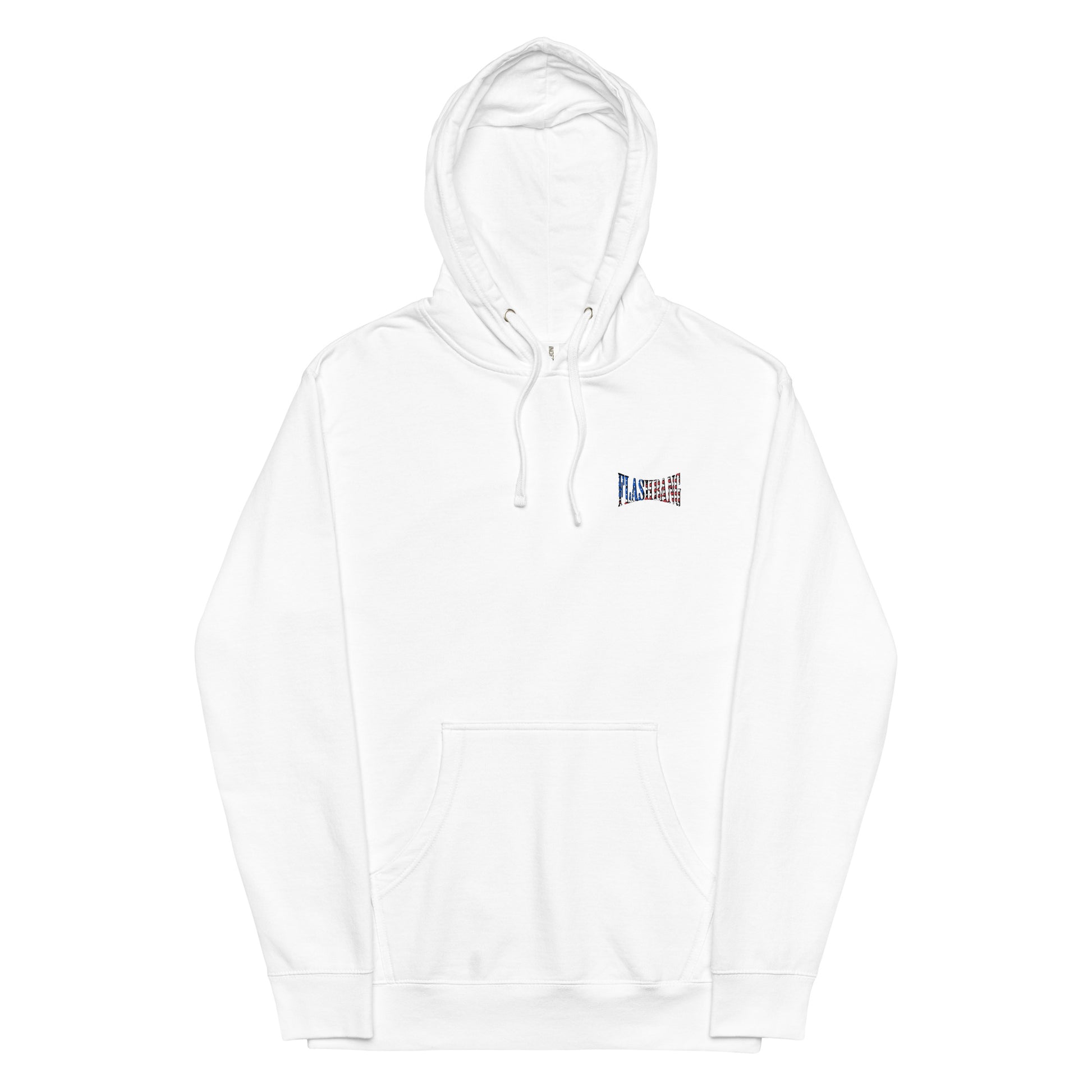 White hoodie with a small logo on the chest against a white background