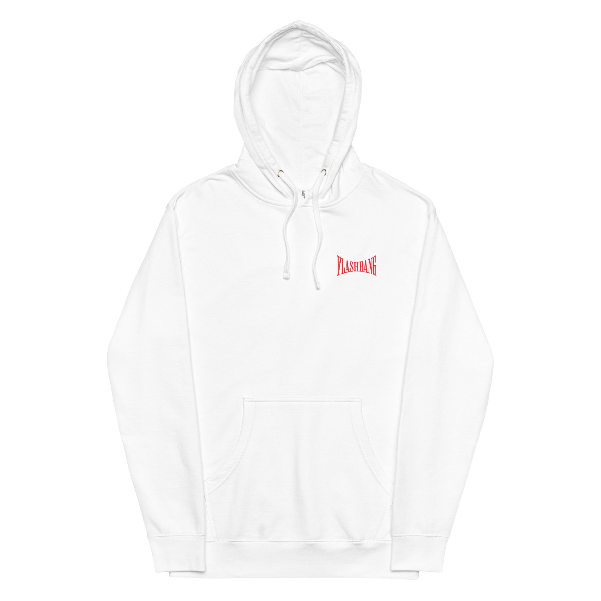 White hoodie with a red logo on a white background
