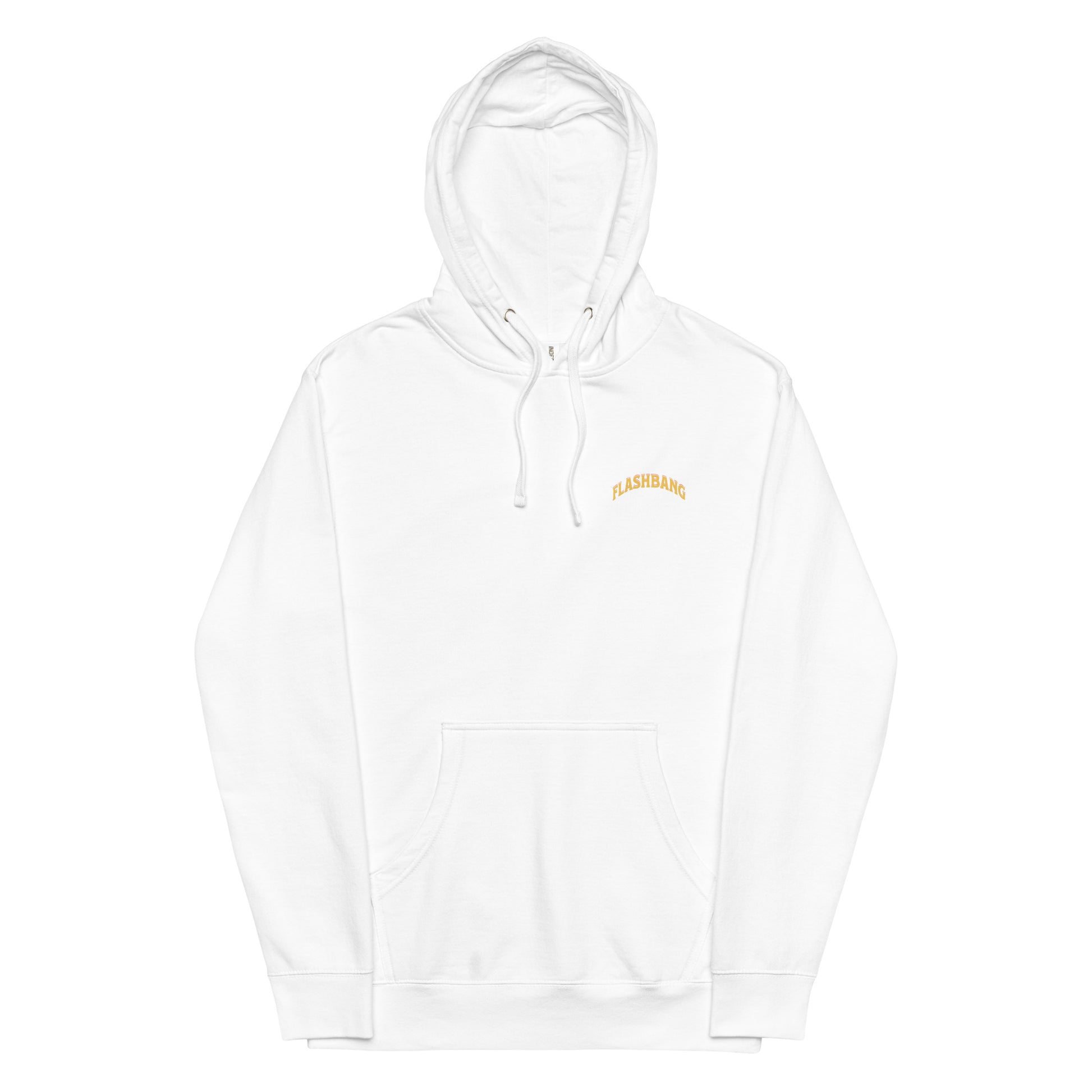 White hoodie with a small yellow logo on a white background
