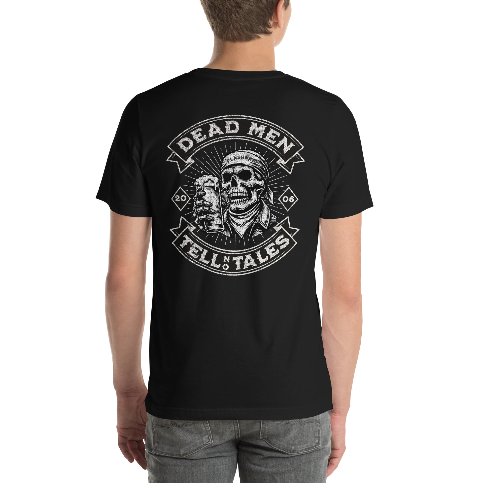 Dead Men Tell No Tales T-shirt featuring skull and beer design - Back View - Black- Model Guy
