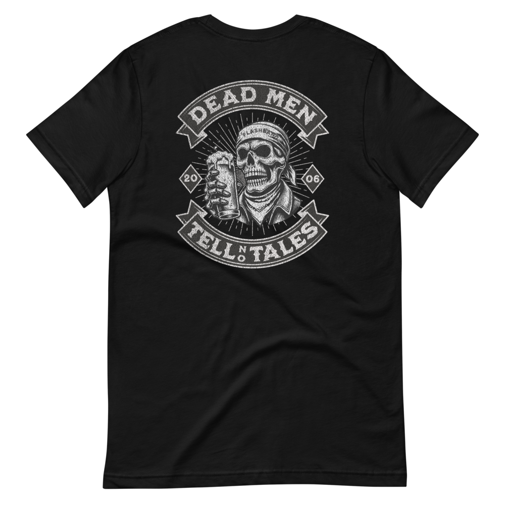 Dead Men Tell No Tales T-shirt featuring skull and beer design - Back View - Black