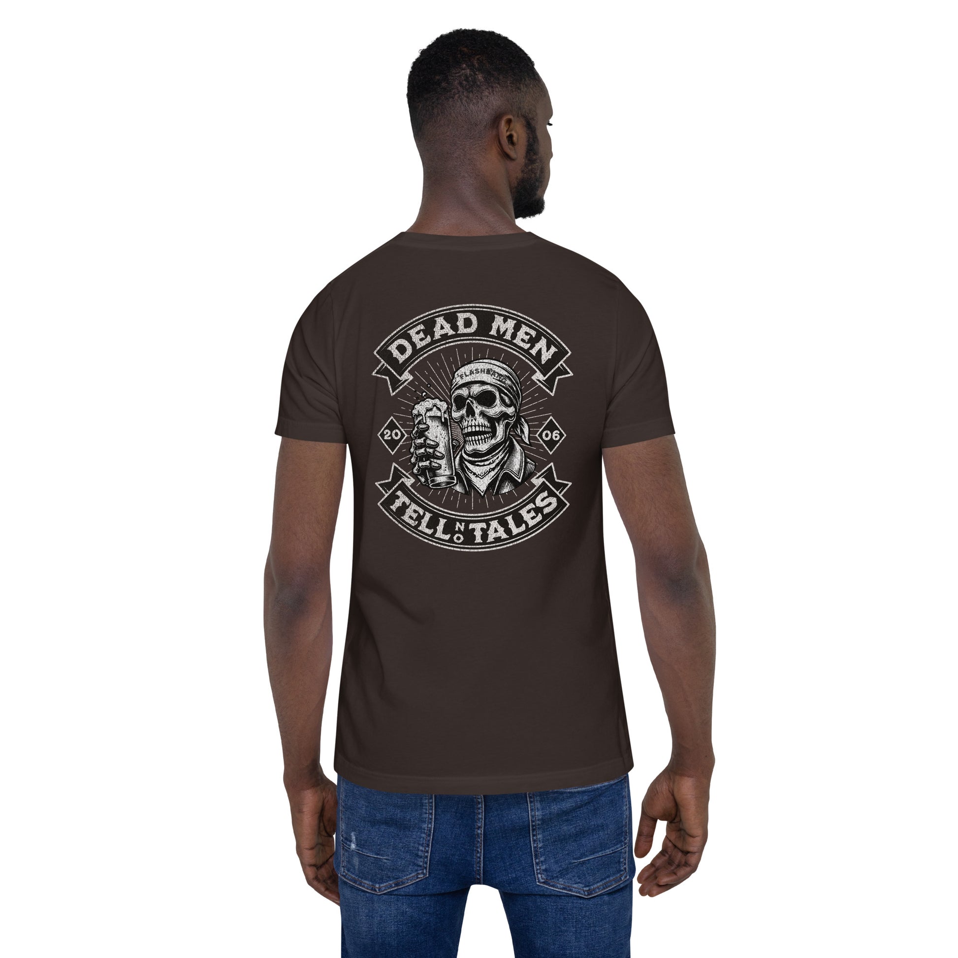 Dead Men Tell No Tales T-shirt featuring skull and beer design - Back View - Brown - Model Guy