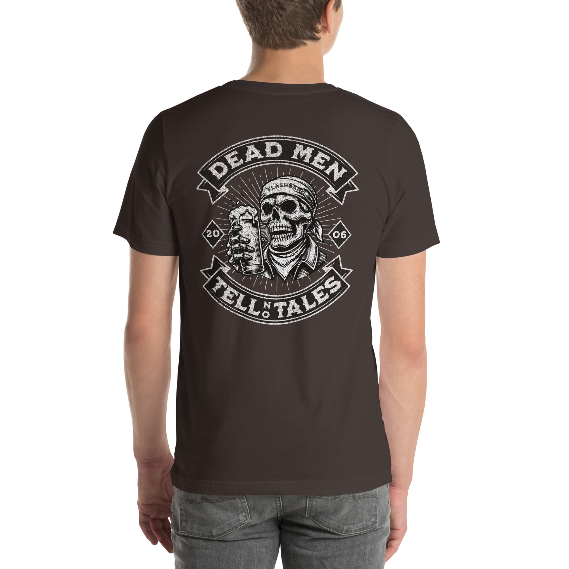 Dead Men Tell No Tales T-shirt featuring skull and beer design - Back View - Brown- Model Guy