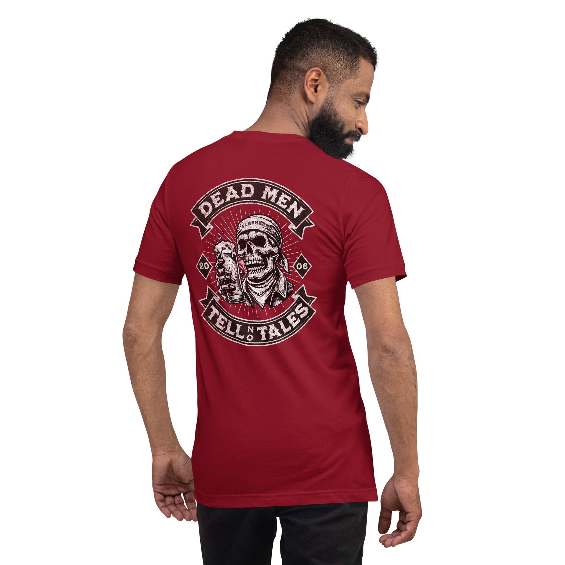 Dead Men Tell No Tales T-shirt featuring skull and beer design - Back View - Cardinal - Model Guy