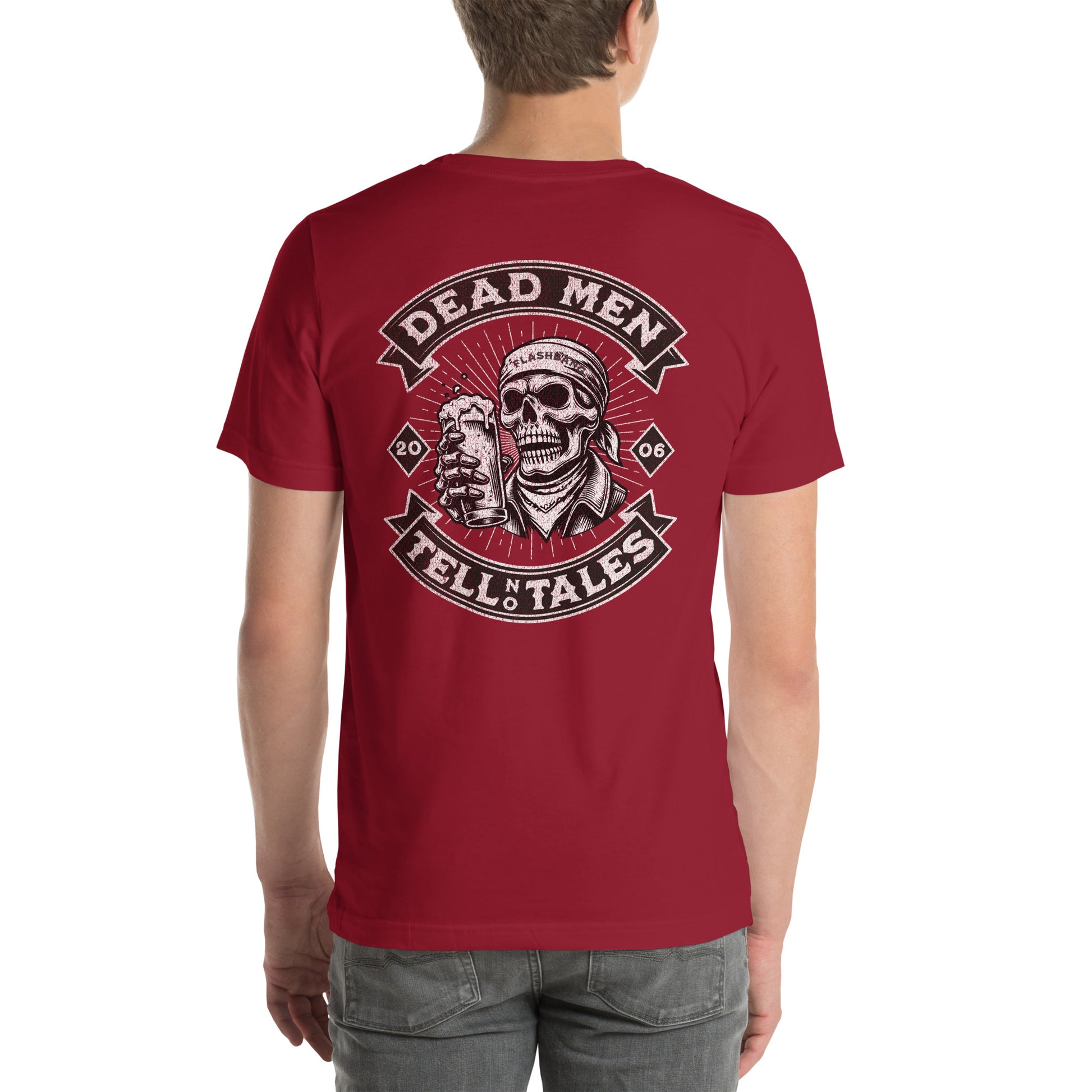 Dead Men Tell No Tales T-shirt featuring skull and beer design - Back View - Cardinal - Model Guy