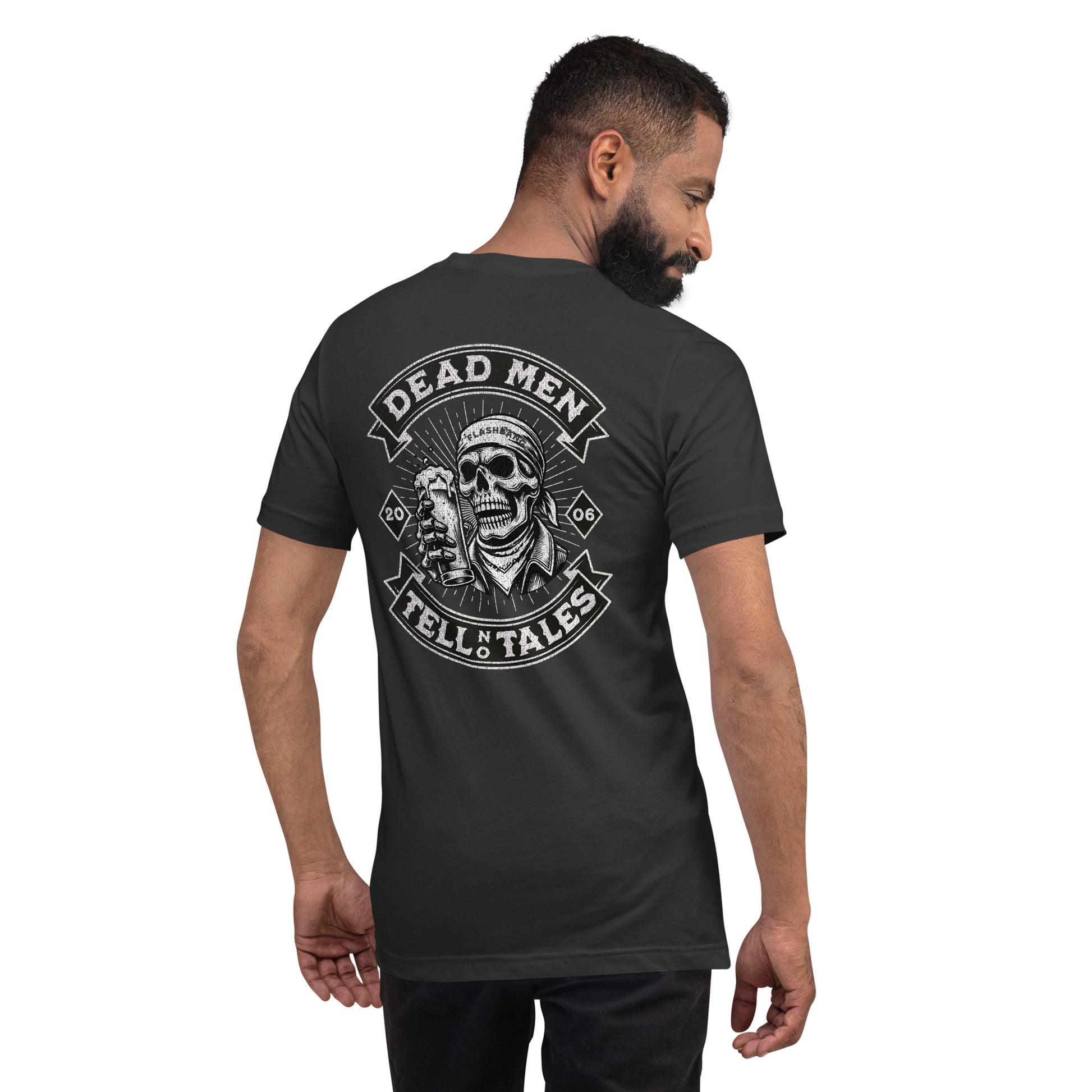 Dead Men Tell No Tales T-shirt featuring skull and beer design - Back View - Dark Grey - Model Guy