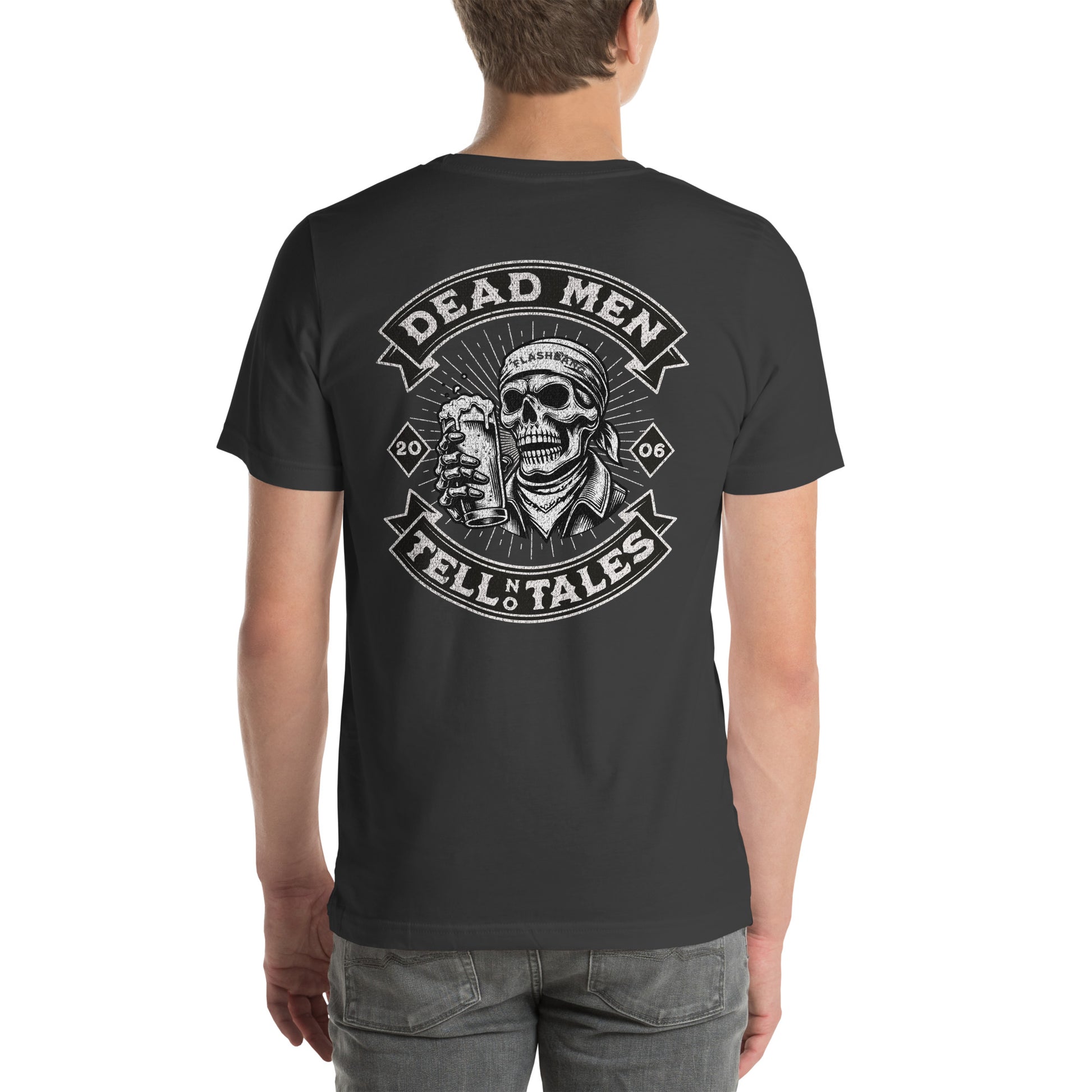 Dead Men Tell No Tales T-shirt featuring skull and beer design - Back View - Dark Grey - Model Guy