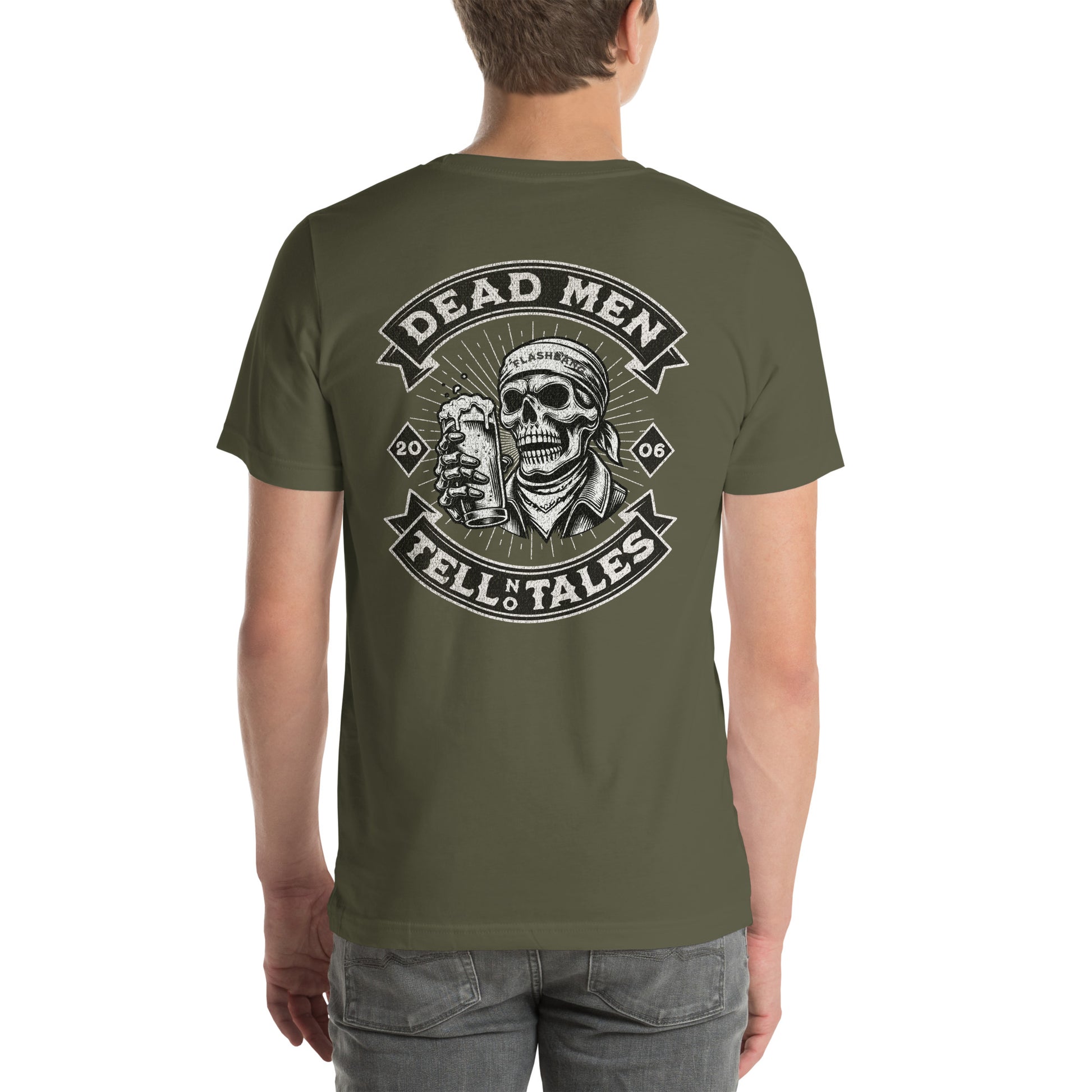 Dead Men Tell No Tales T-shirt featuring skull and beer design - Back View - Military Green- Model Guy