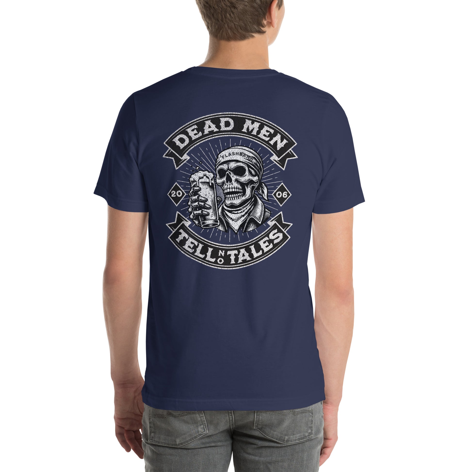 Dead Men Tell No Tales T-shirt featuring skull and beer design - Back View - Navy- Model Guy