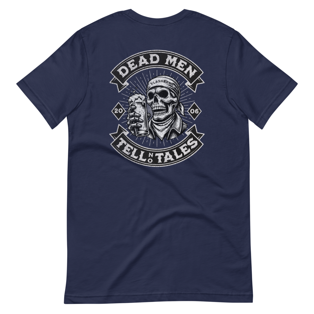 Dead Men Tell No Tales T-shirt featuring skull and beer design - Back View - Navy