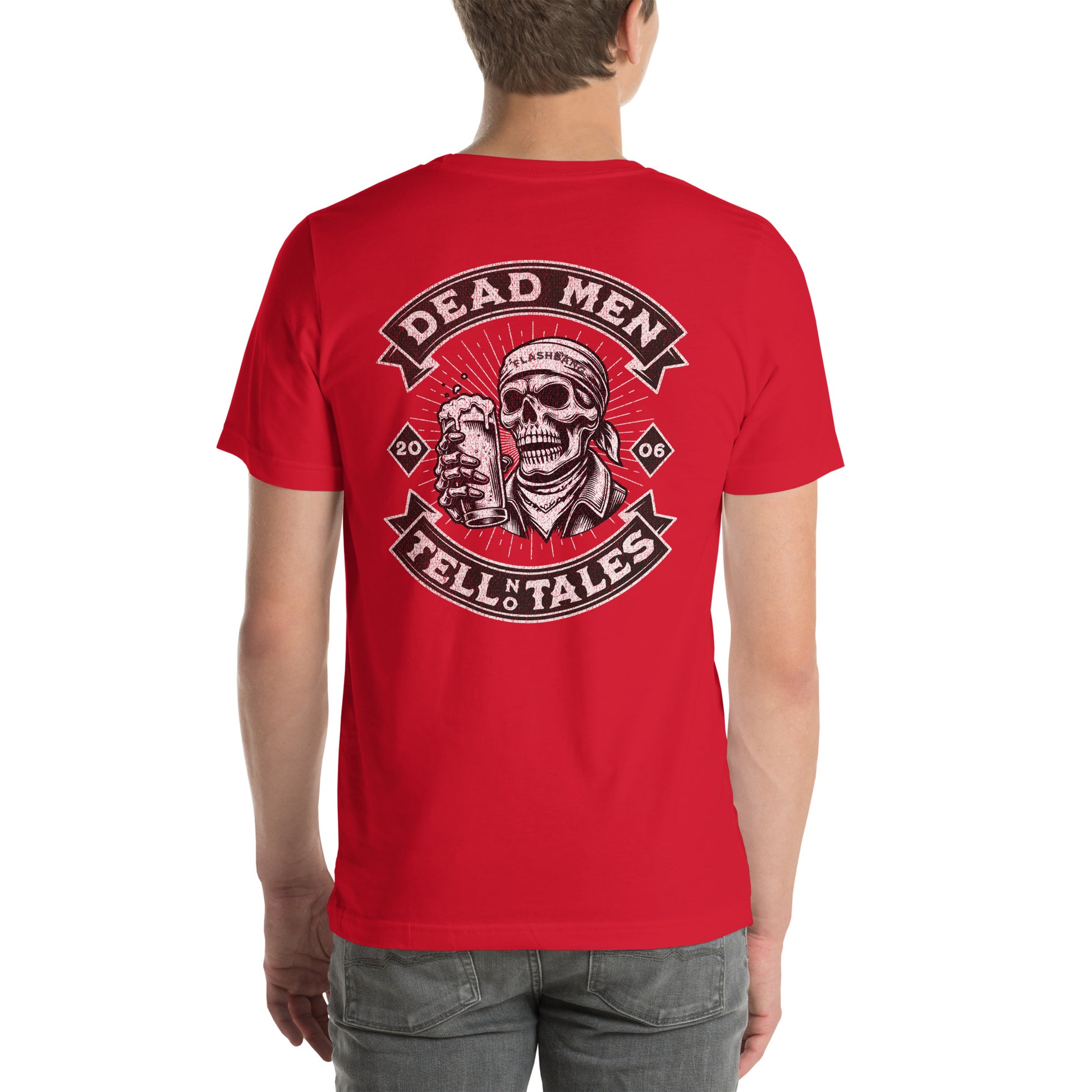 Dead Men Tell No Tales T-shirt featuring skull and beer design - Back View - Red- Model Guy