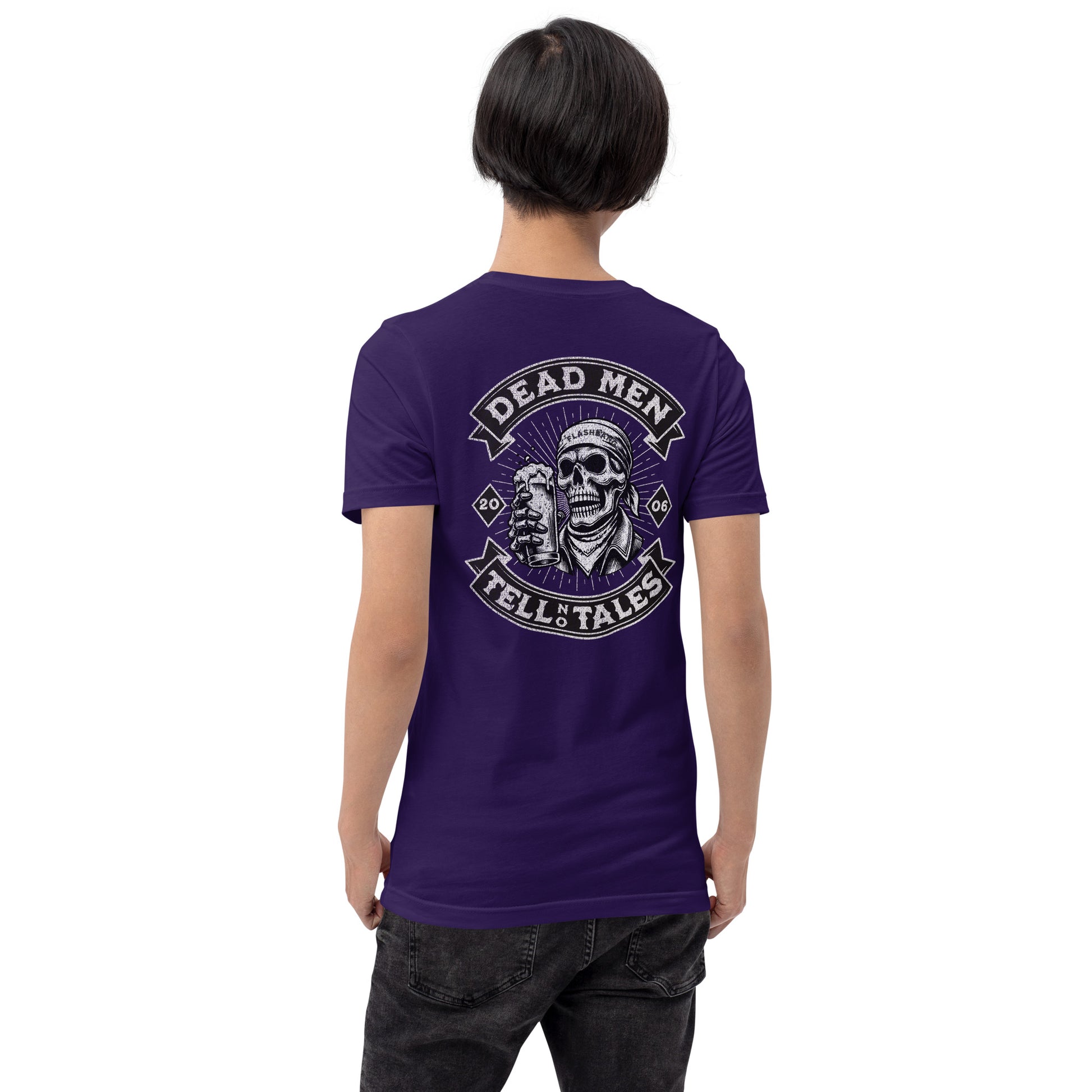 Dead Men Tell No Tales T-shirt featuring skull and beer design - Back View - Purple - Model Guy