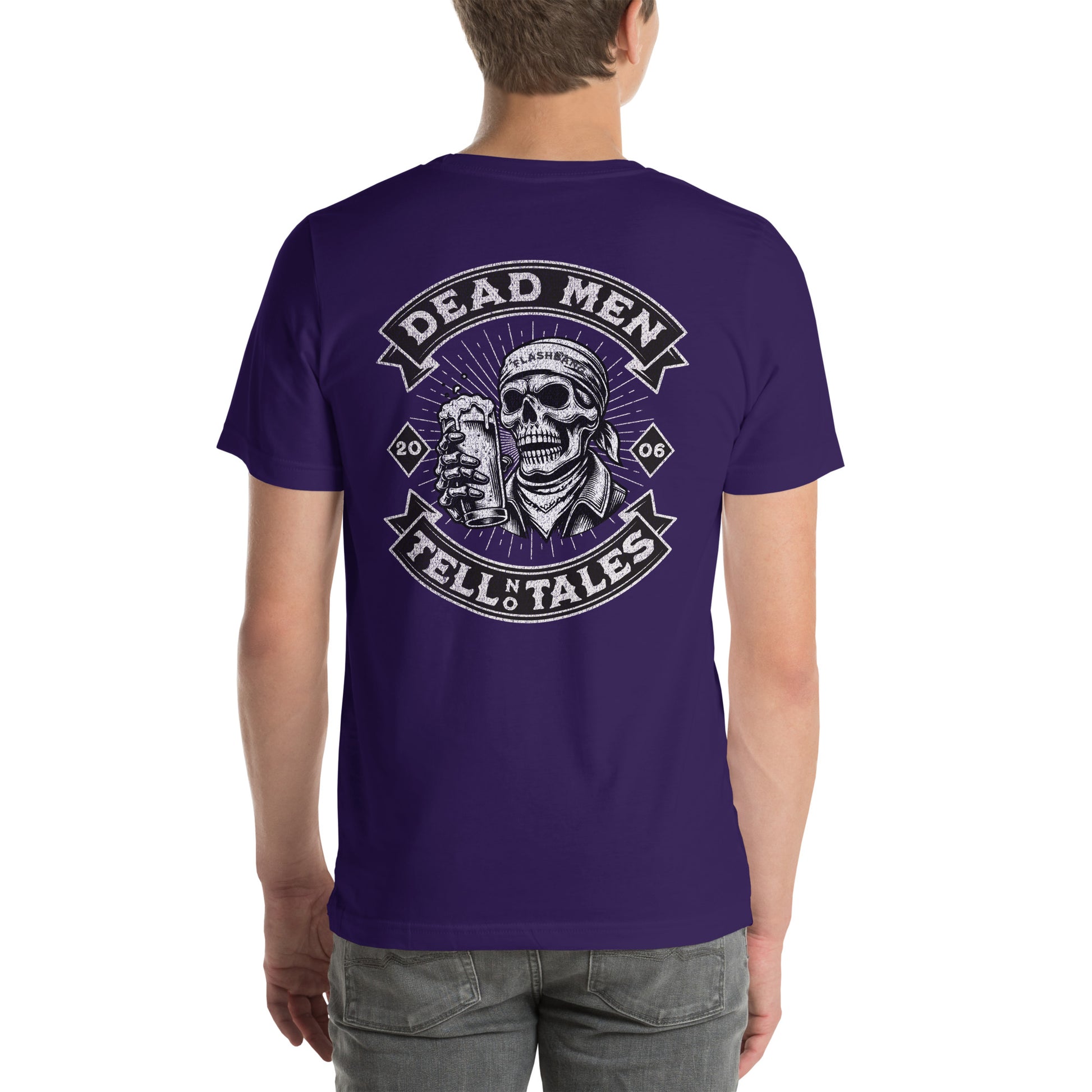 Dead Men Tell No Tales T-shirt featuring skull and beer design - Back View - Purple - Model Guy