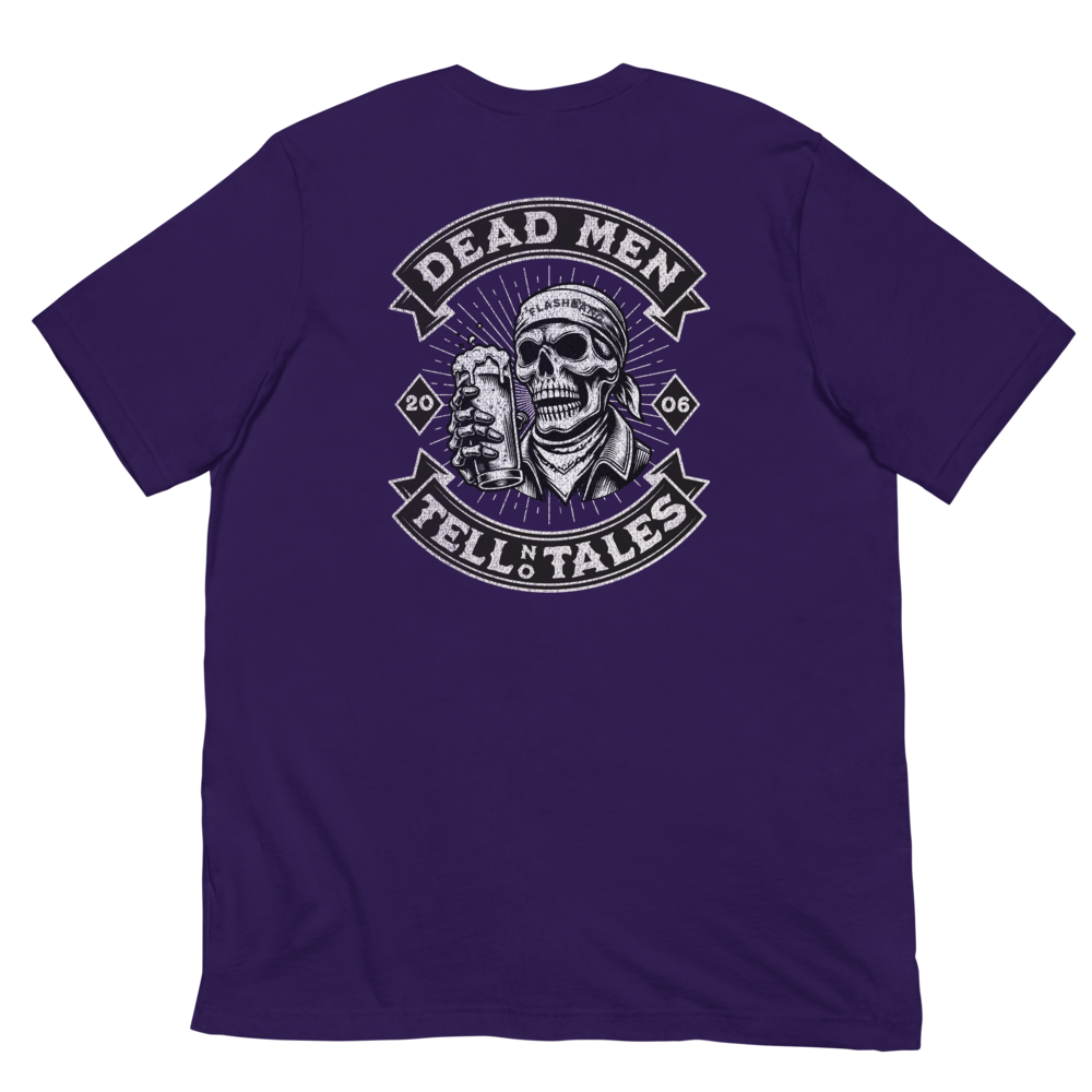Dead Men Tell No Tales T-shirt featuring skull and beer design - Back View - Purple