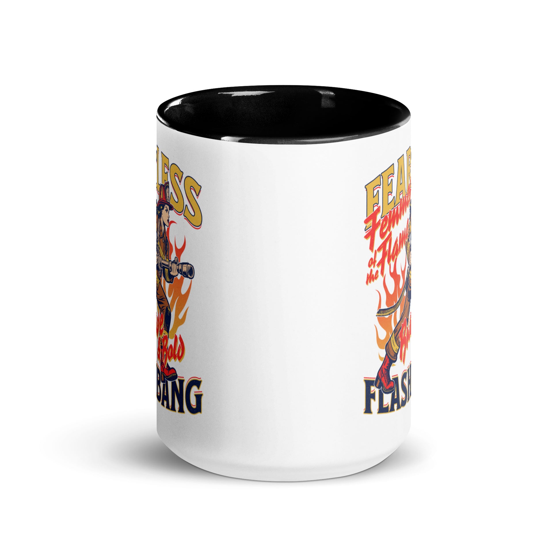 White mug with black interior and colorful graphic design on a white background