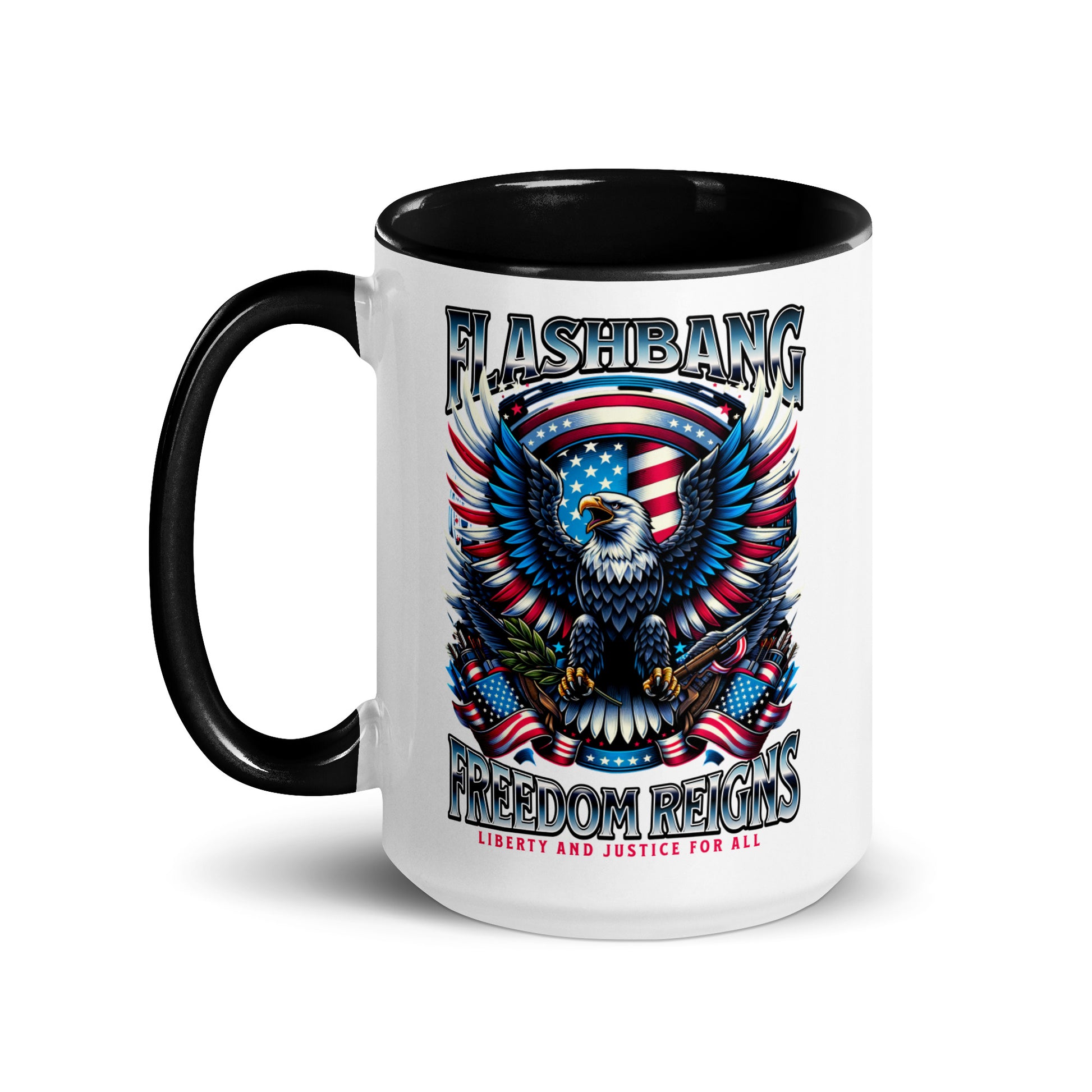 Mug with American flag and eagle design, featuring the text 'Flashbang Freedom Reigns'.