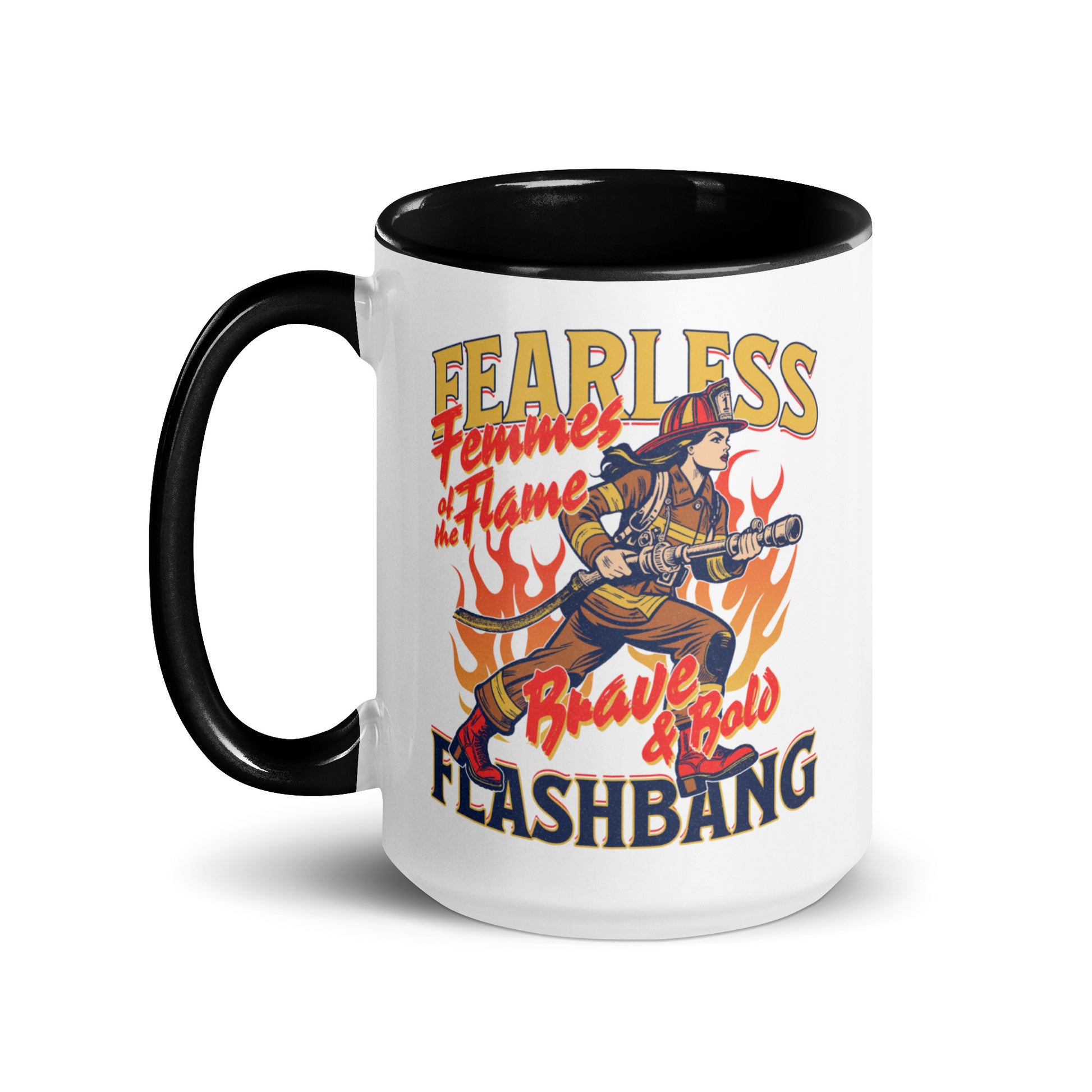 Mug with a firefighter design and text on a white background