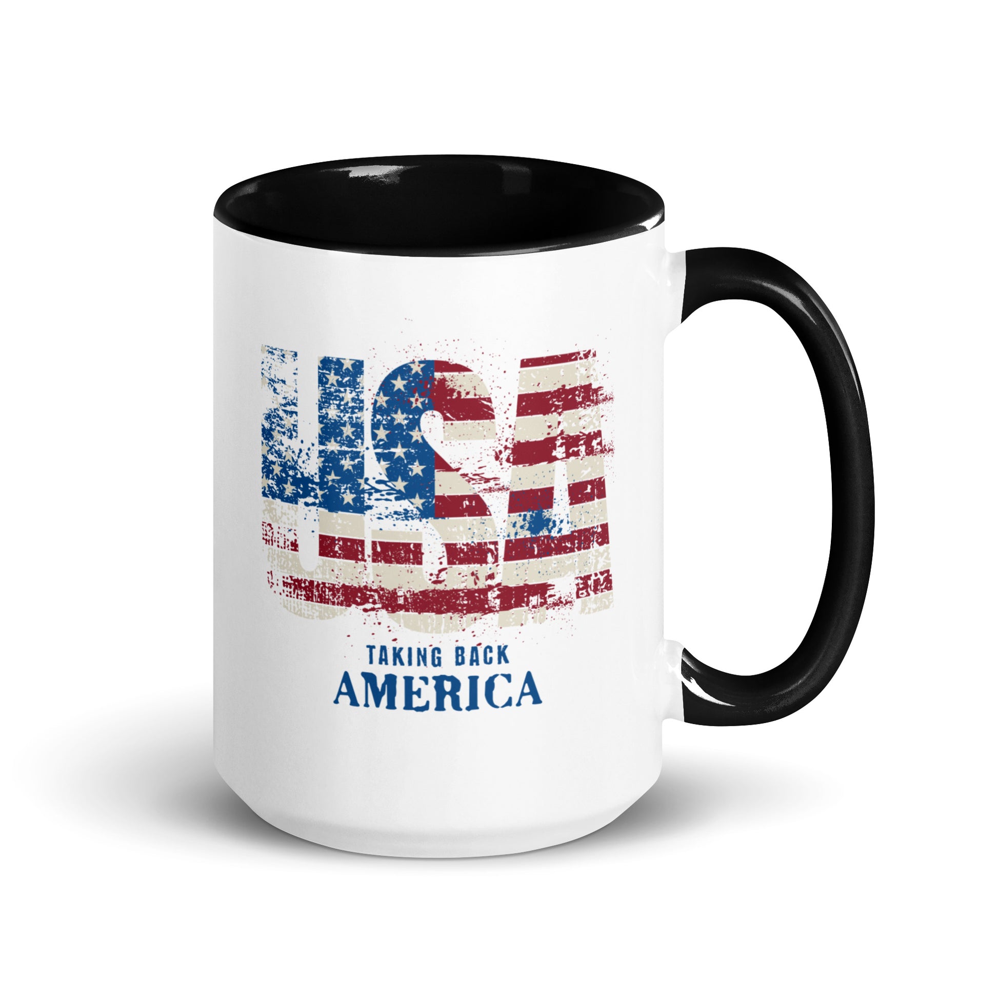 Mug with American flag design and text 'Taking Back America' on a white background