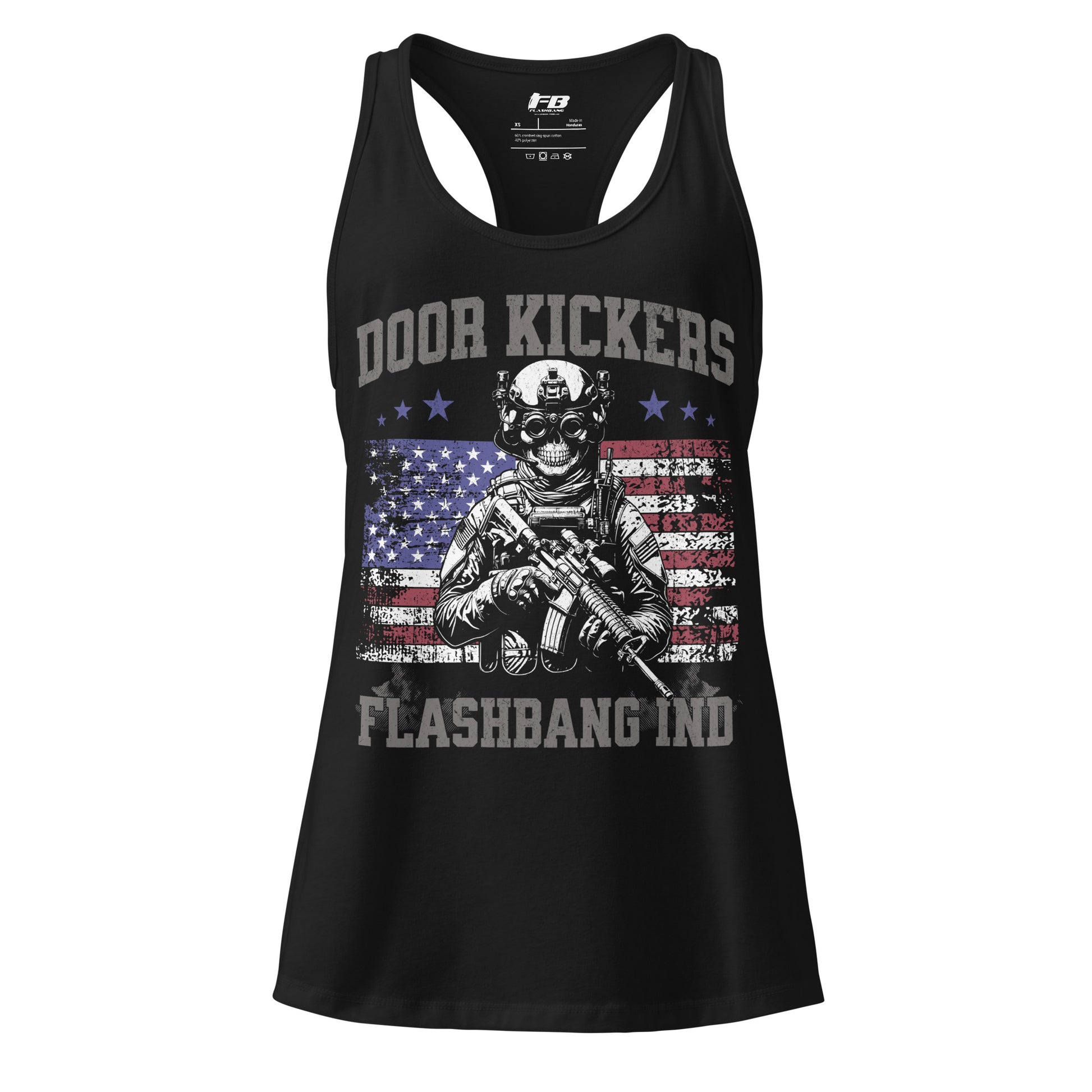 Black tank top with graphic design and text on a white background