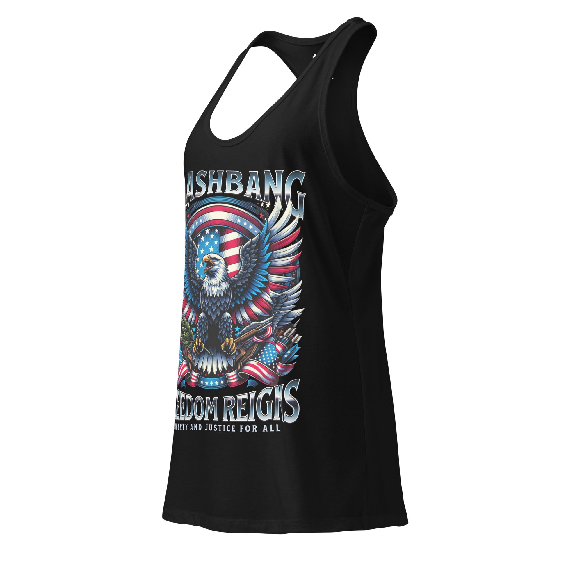 Black tank top with an eagle and American flag design on a white background
