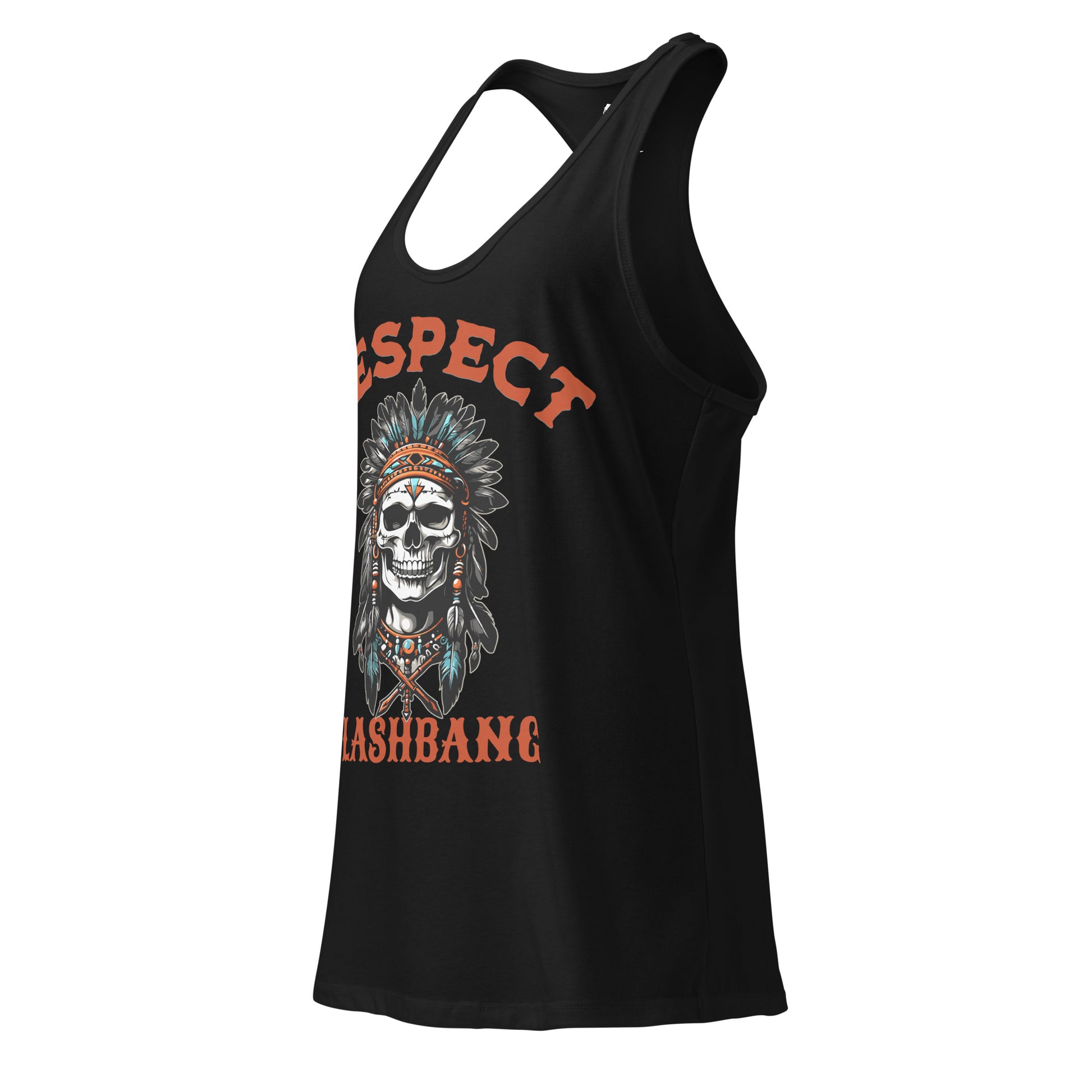 Black tank top with a graphic design and text on a white background