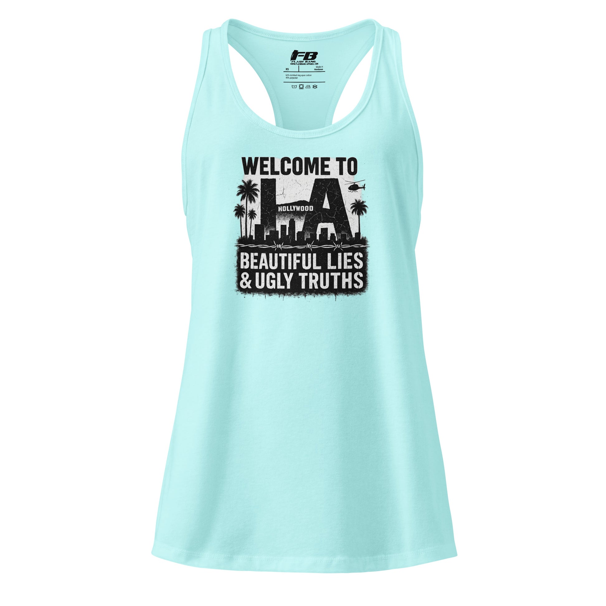 Light blue tank top with graphic design and text on a white background