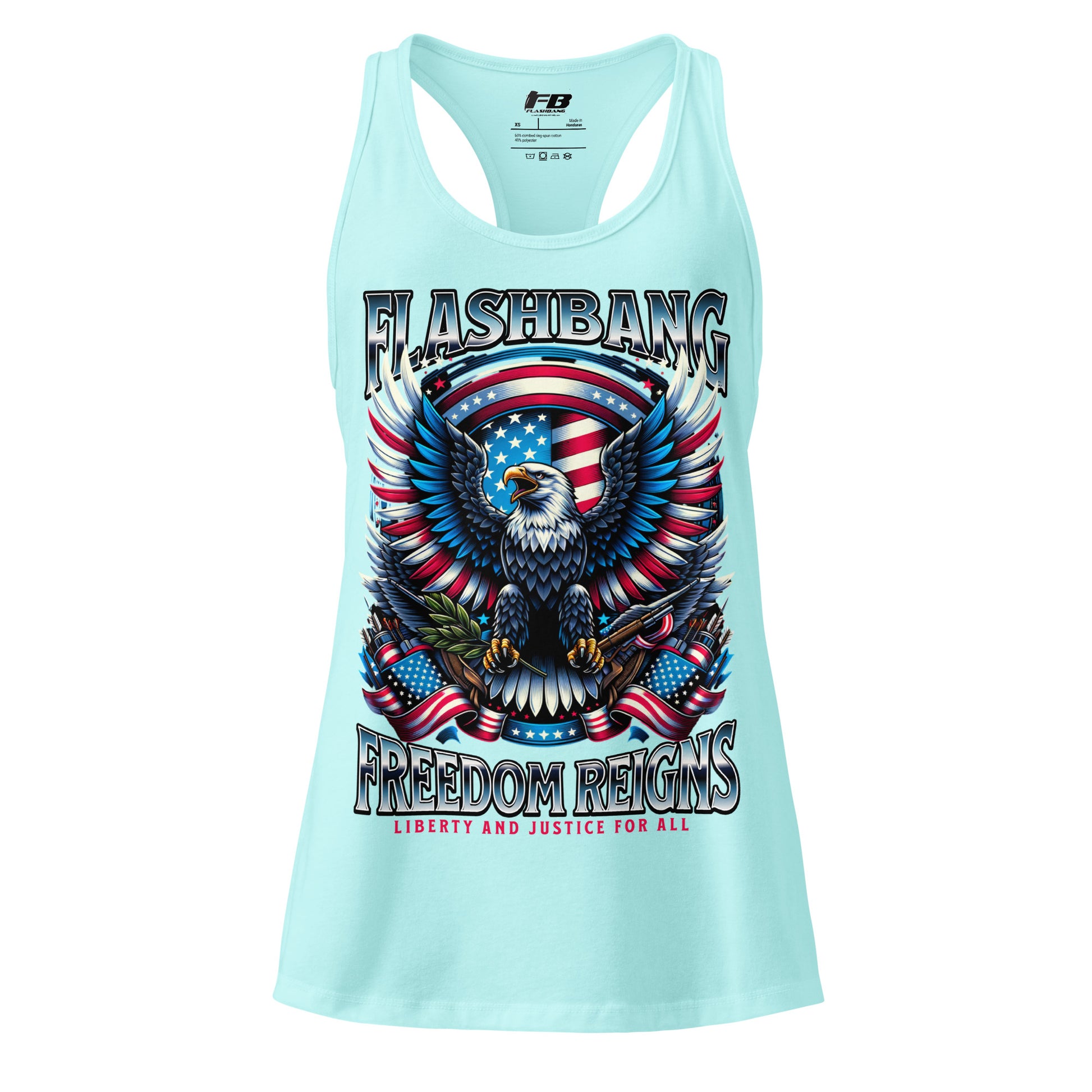 Light blue tank top with eagle and American flag design on a white background
