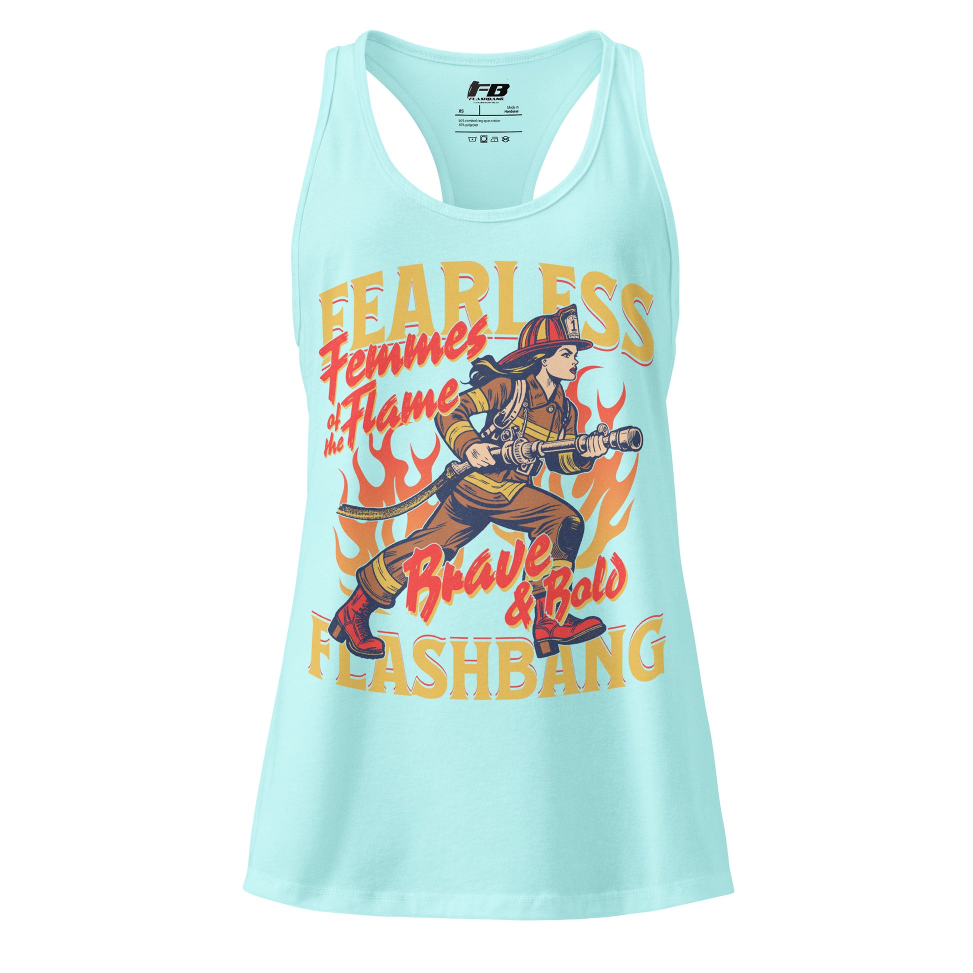 Light blue tank top with a graphic of a firefighter and text on a white background