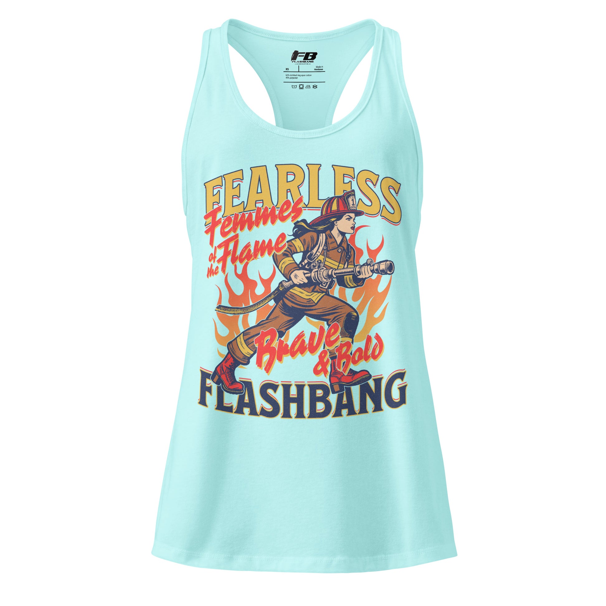 Light blue tank top with graphic design and text on a white background