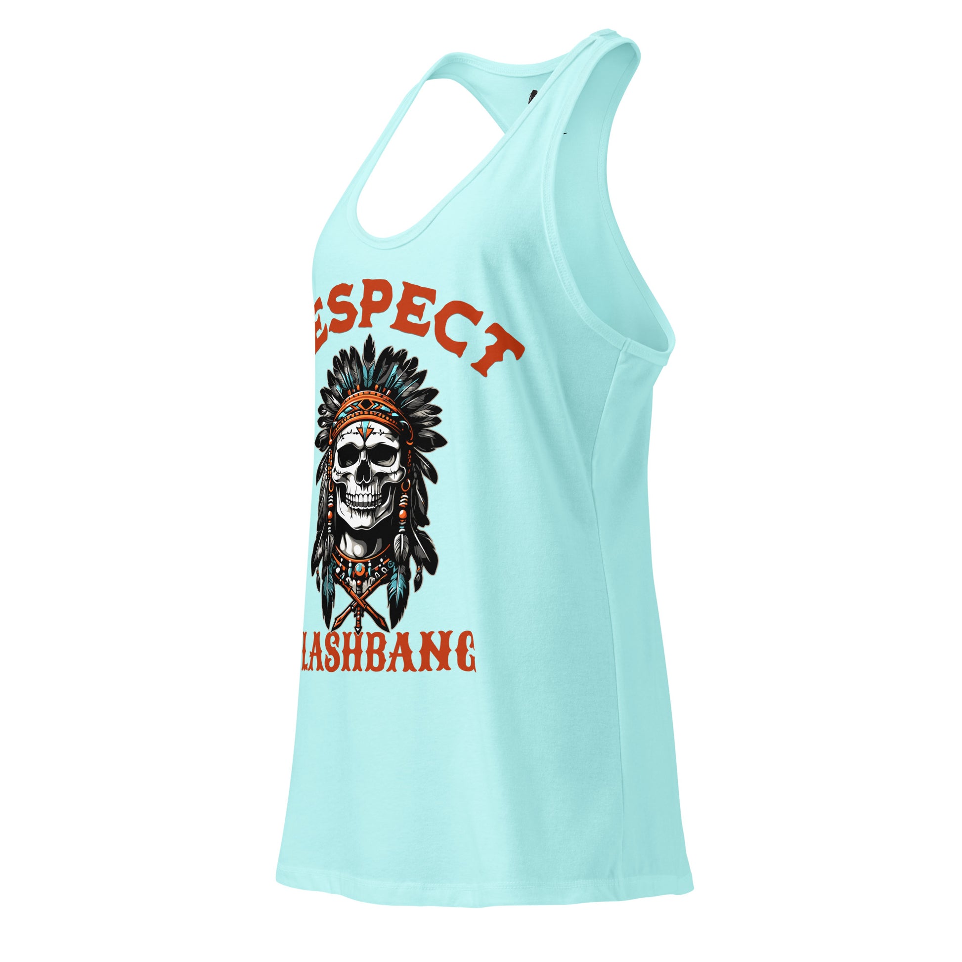 Light blue tank top with a skull and headdress design and text on a white background