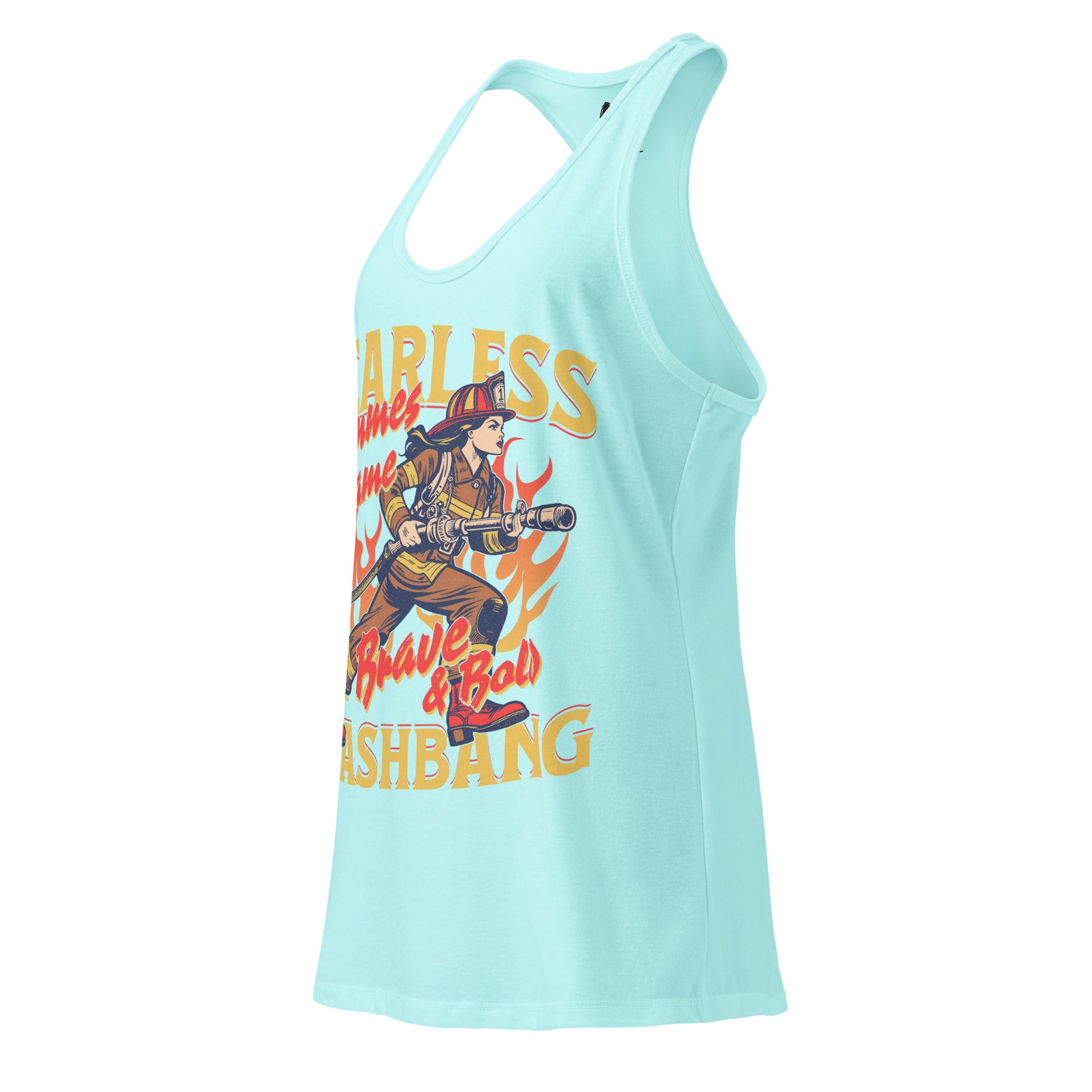 Light blue tank top with graphic design of a firefighter and text on a white background