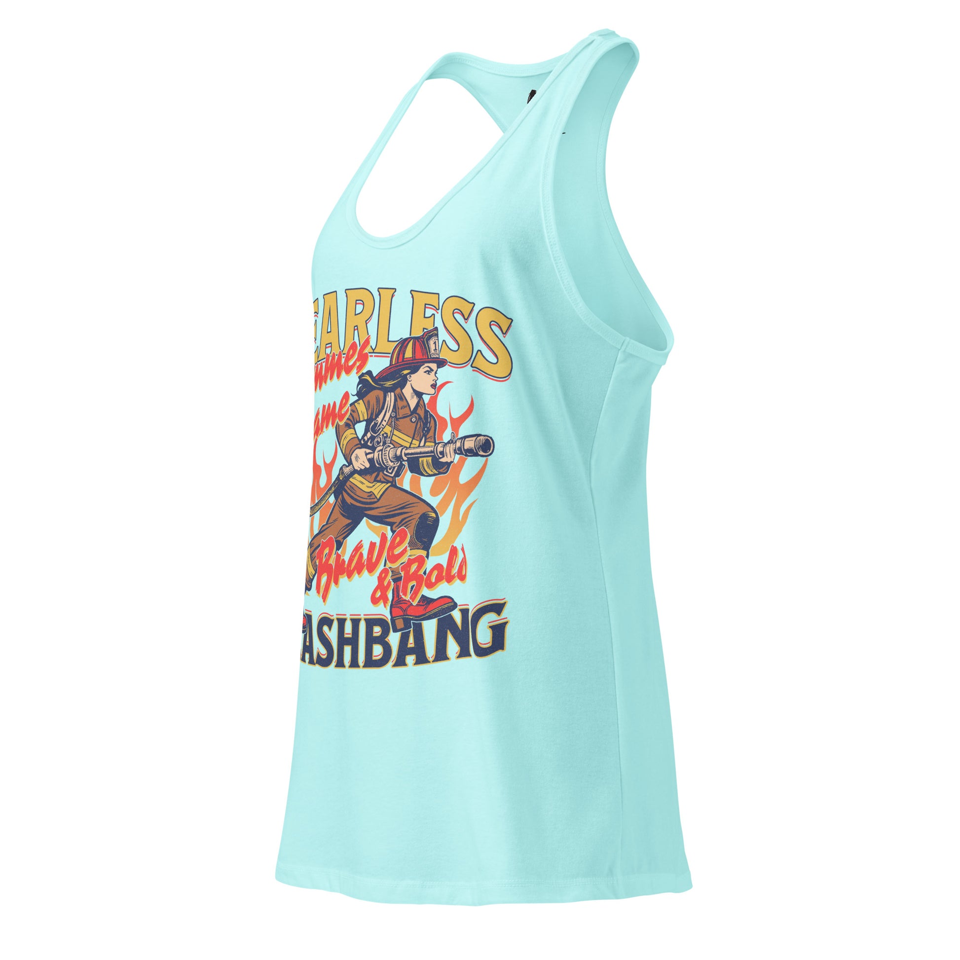 Light blue tank top with graphic design and text on a white background